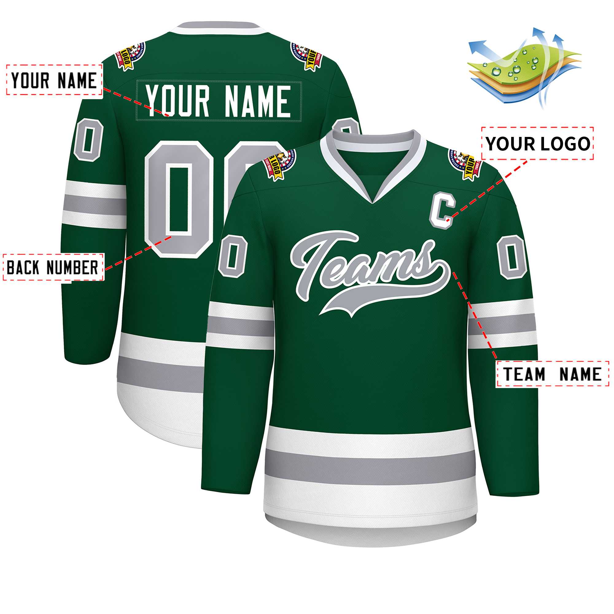 Custom Green Gray-White Classic Style Hockey Jersey