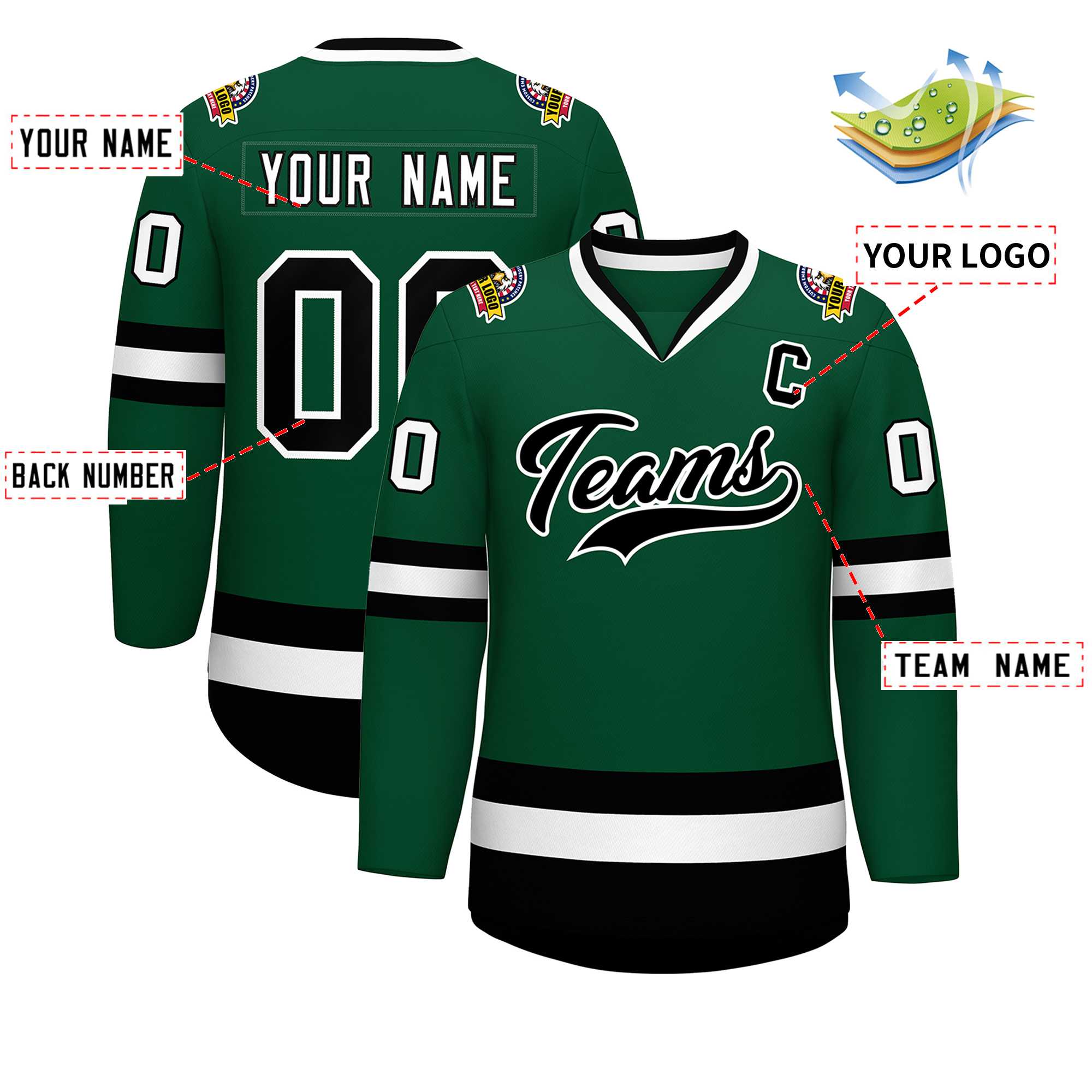 Custom Green Black-White Classic Style Hockey Jersey