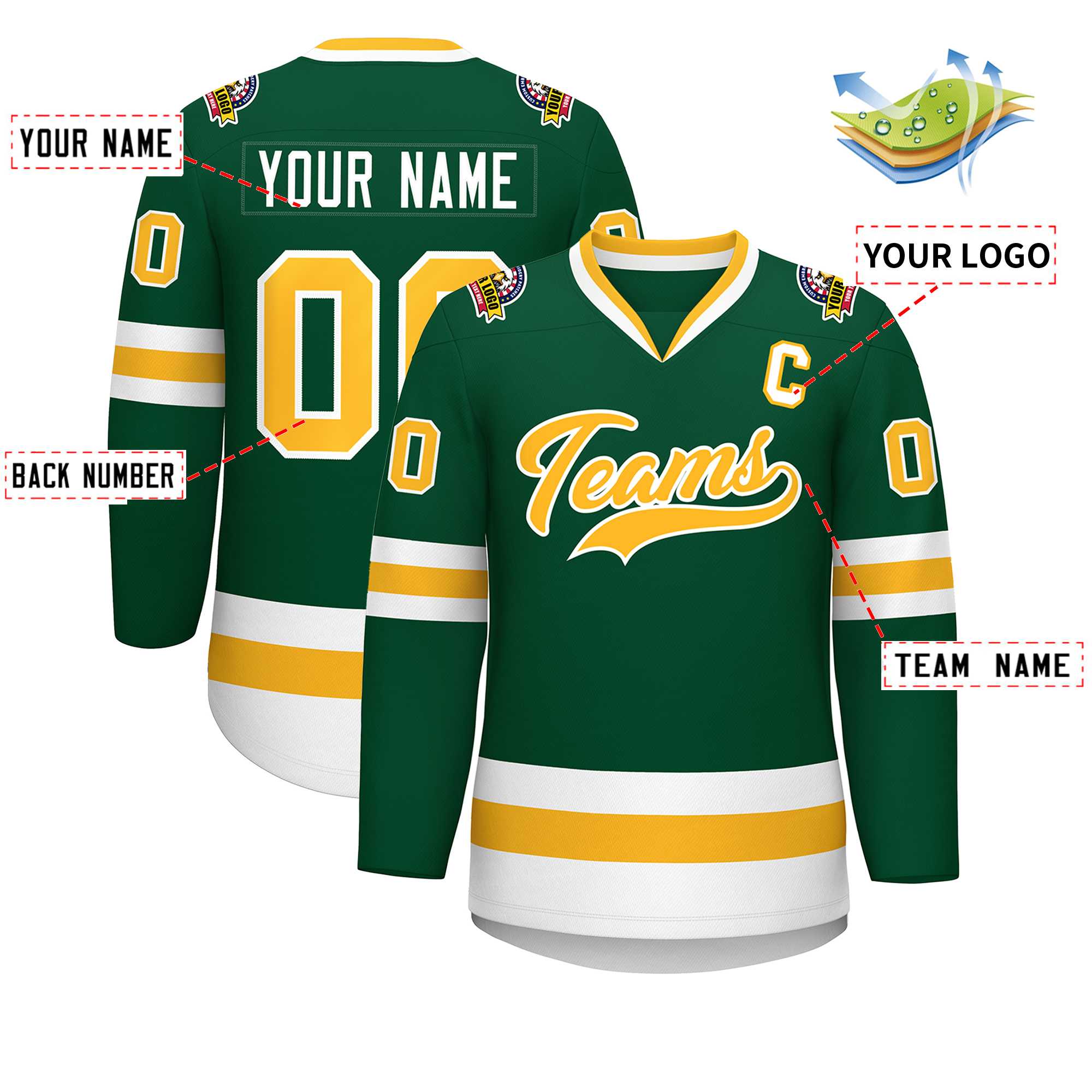 Custom Green Gold-White Classic Style Hockey Jersey