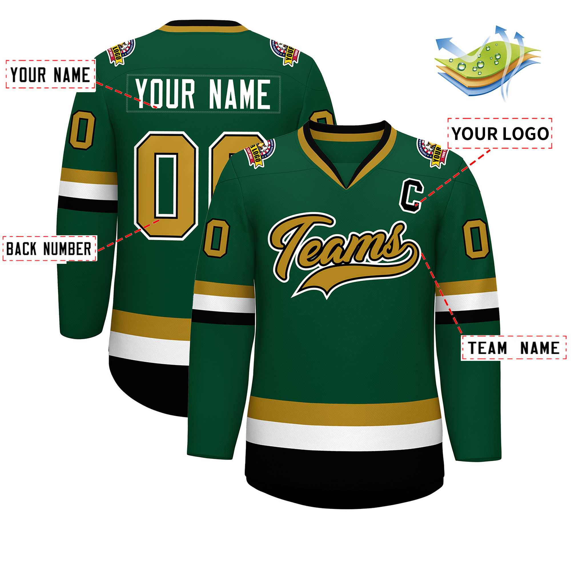 Custom Green Old Gold Black-White Classic Style Hockey Jersey