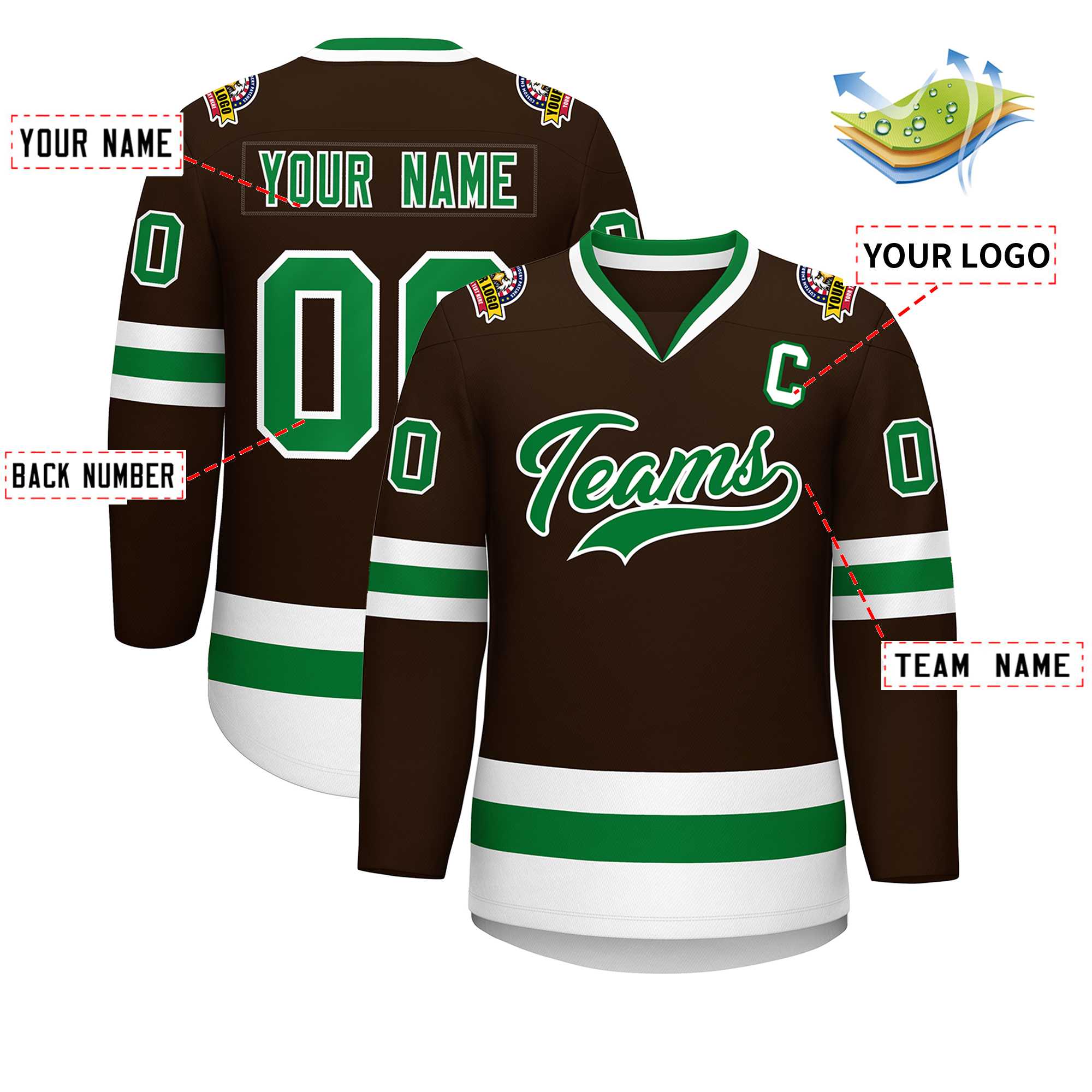 Custom Brown Kelly Green-White Classic Style Hockey Jersey