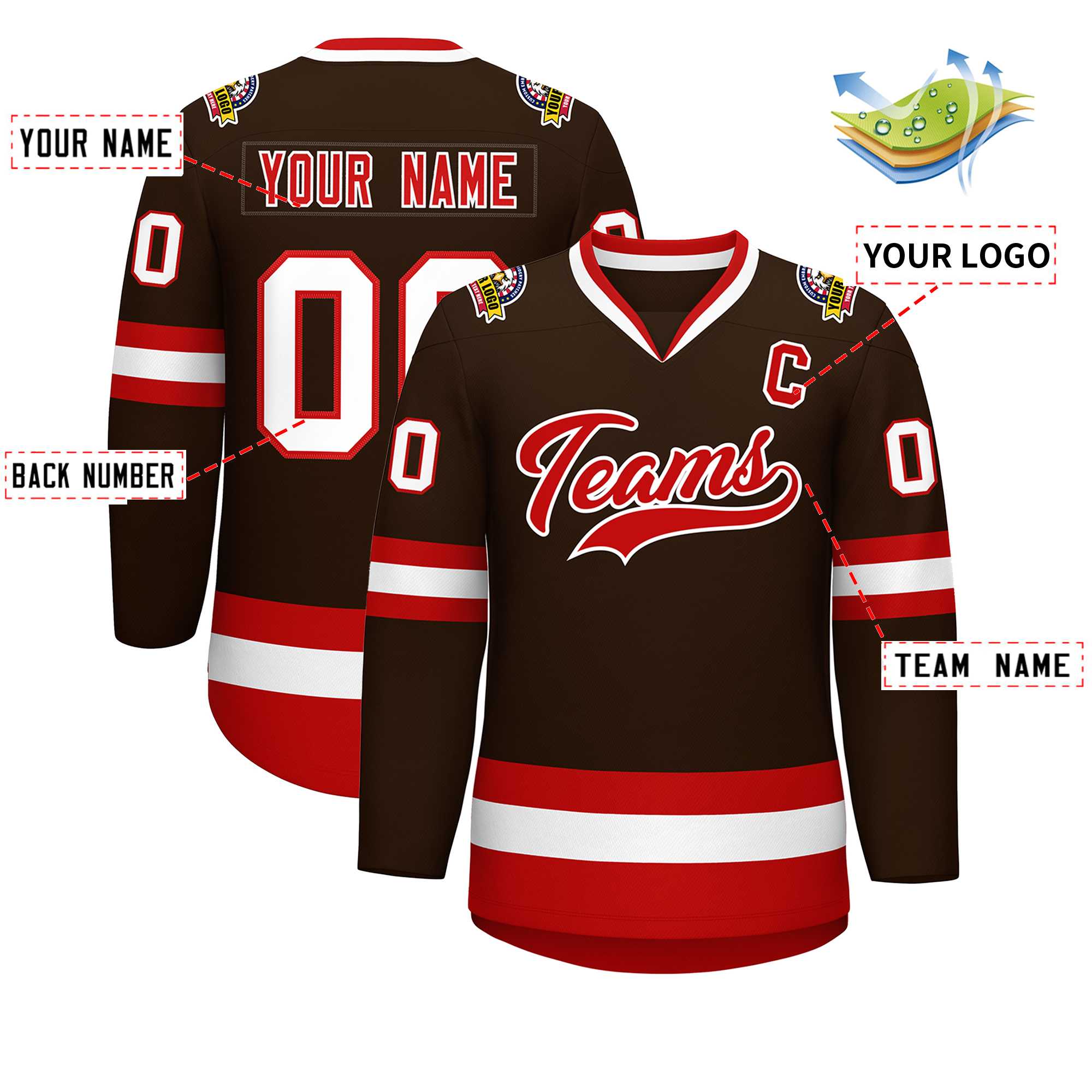 Maillot de hockey de style classique personnalisé marron rouge-blanc