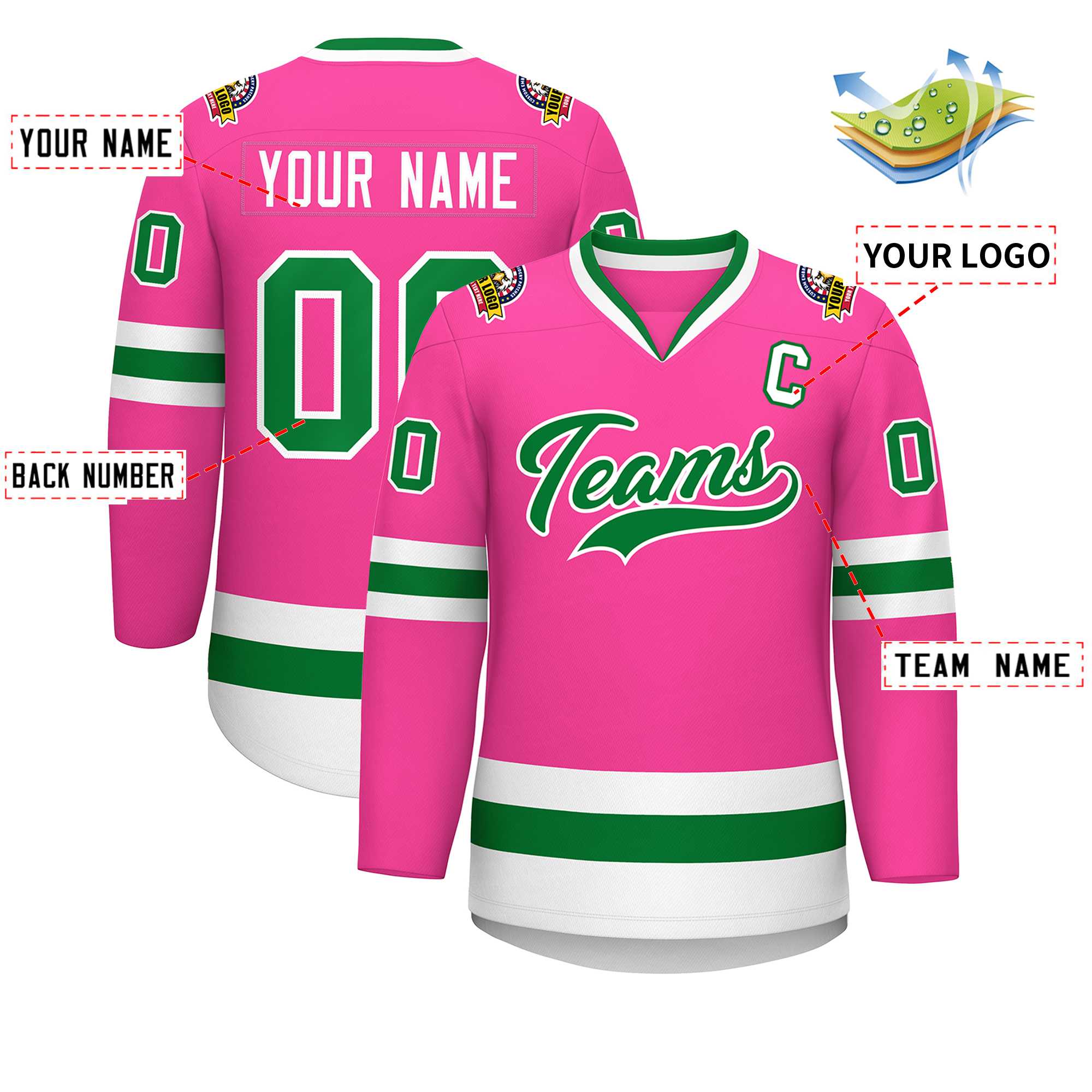 Maillot de hockey de style classique rose Kelly vert-blanc personnalisé