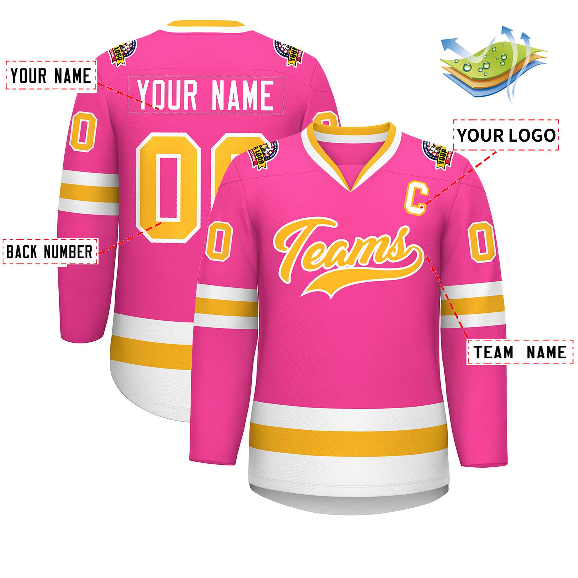 Custom Pink Gold-White Classic Style Hockey Jersey