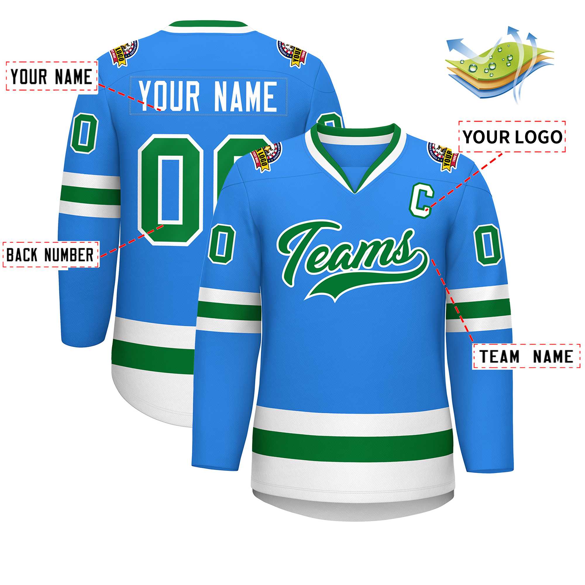 Maillot de hockey de style classique Kelly vert-blanc bleu poudre personnalisé