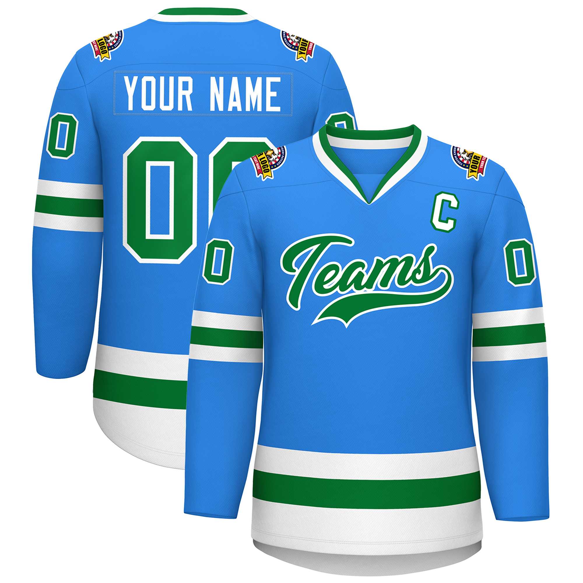 Custom Powder Blue Kelly Green-White Classic Style Hockey Jersey