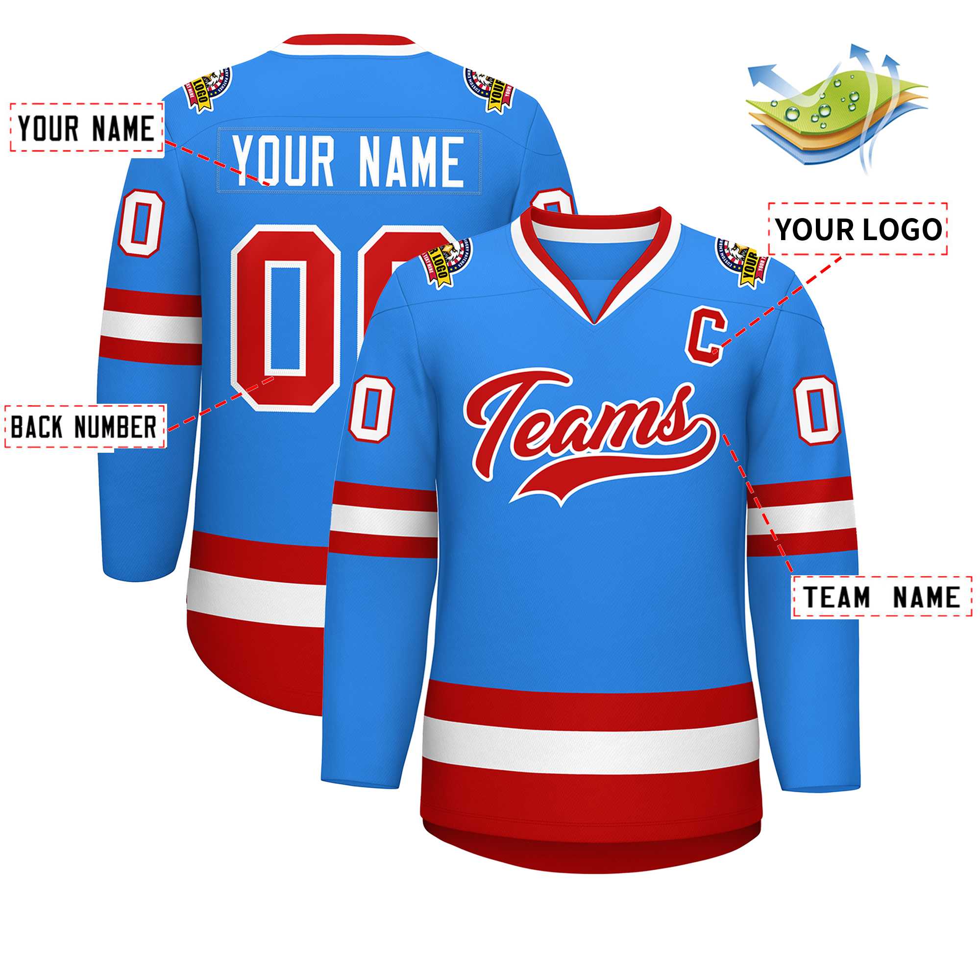 Maillot de hockey de style classique bleu poudre rouge-blanc personnalisé