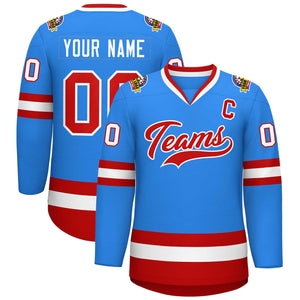 Custom Powder Blue Red-White Classic Style Hockey Jersey