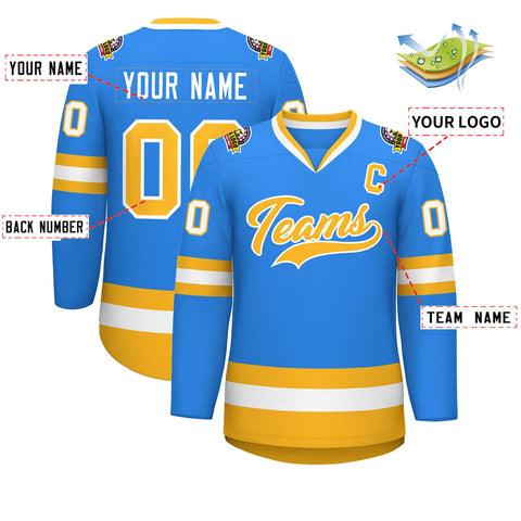 Custom Powder Blue Gold-White Classic Style Hockey Jersey