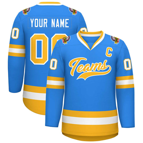 Custom Powder Blue Gold-White Classic Style Hockey Jersey