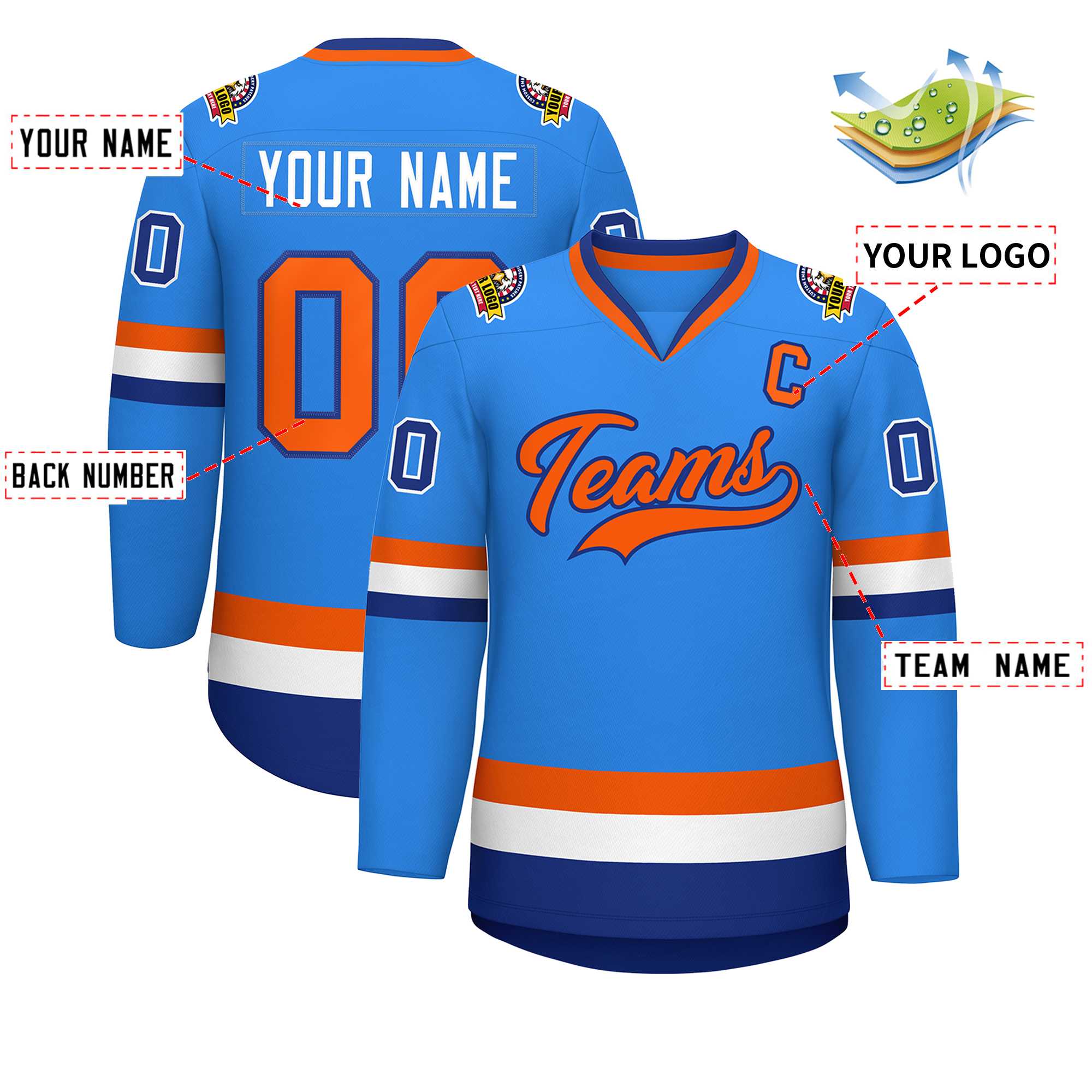 Maillot de hockey de style classique bleu poudre orange-royal personnalisé