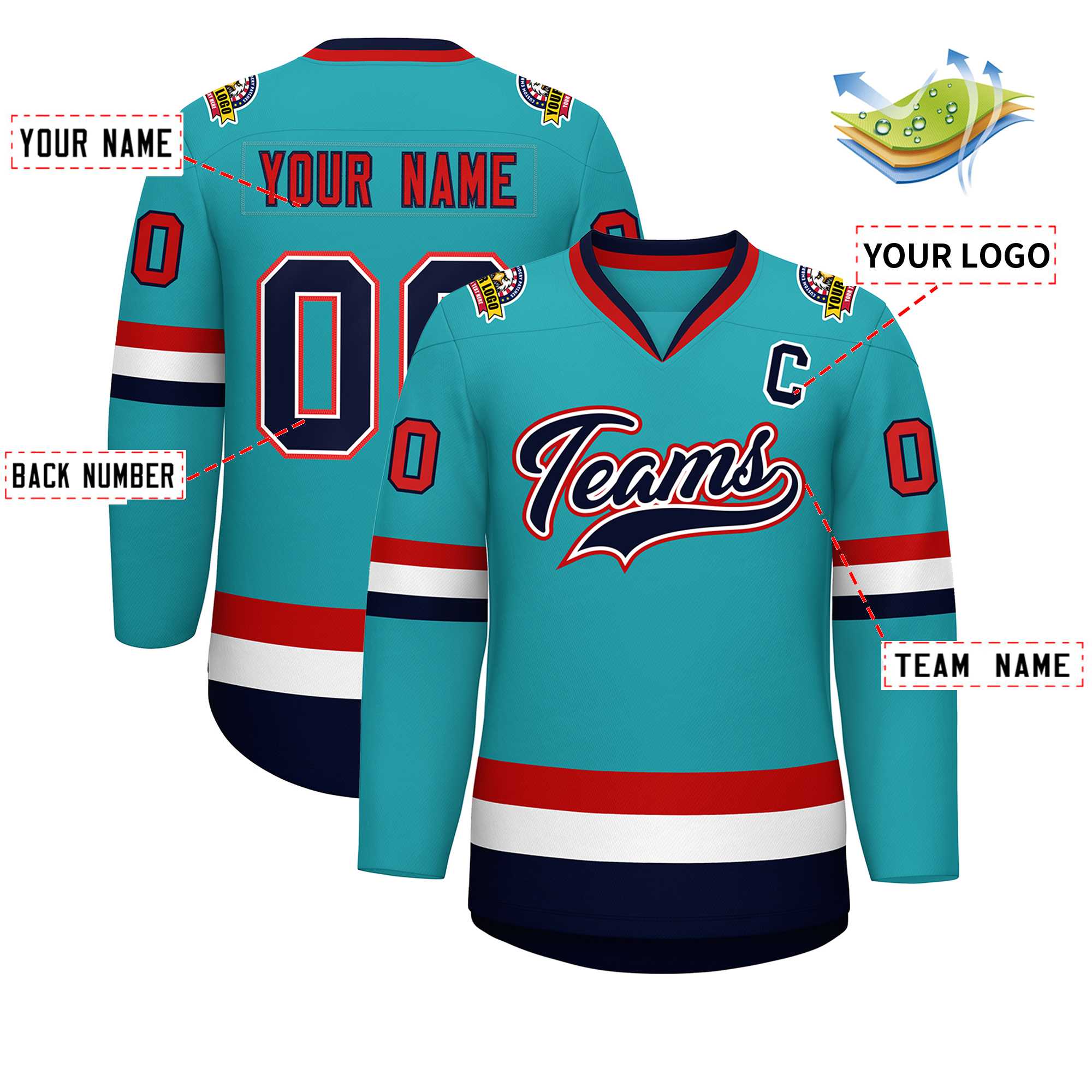 Custom Aqua Navy White-Red Classic Style Hockey Jersey