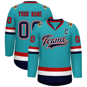 Maillot de hockey de style classique Aqua Navy blanc-rouge personnalisé