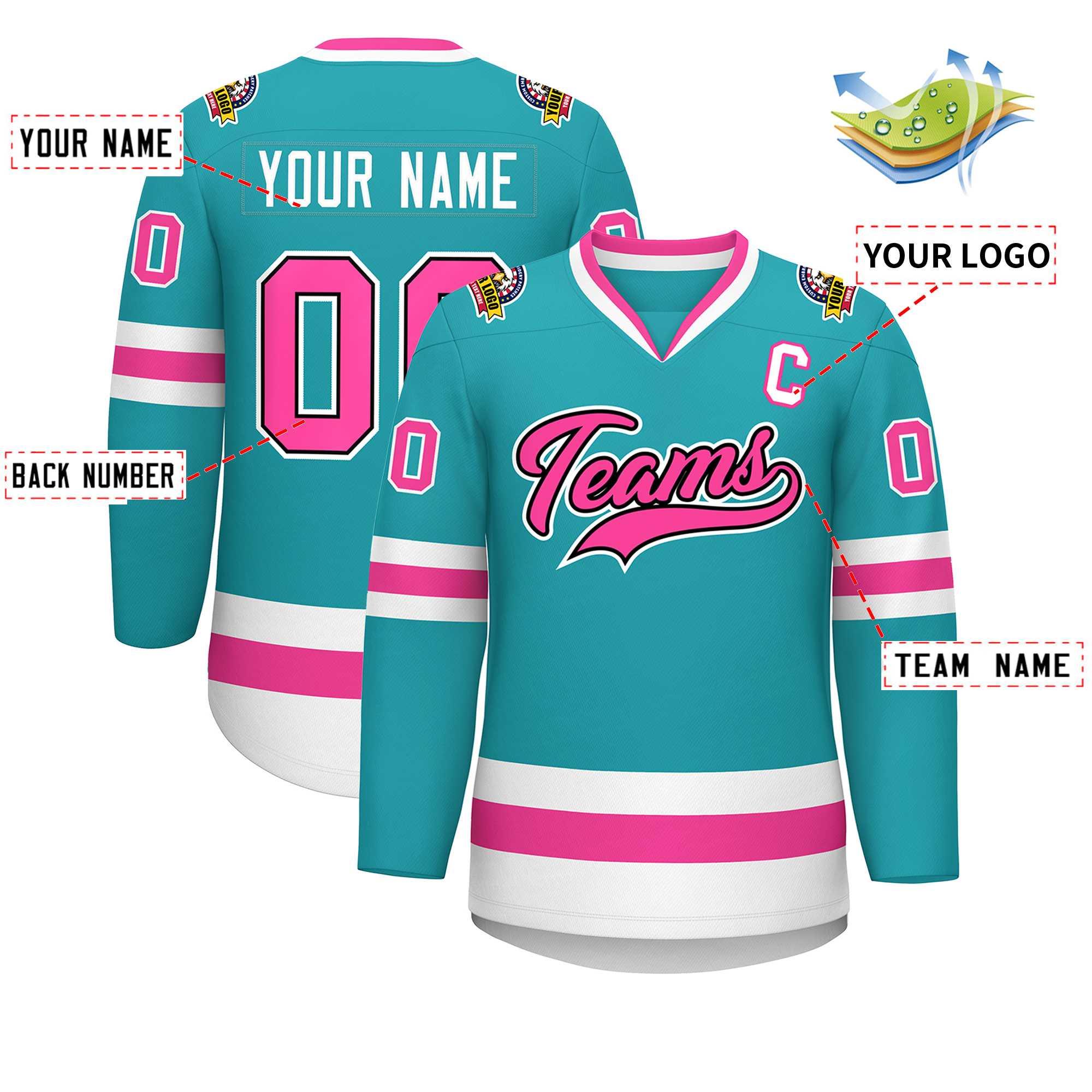 Maillot de hockey de style classique personnalisé Aqua Pink Navy-White