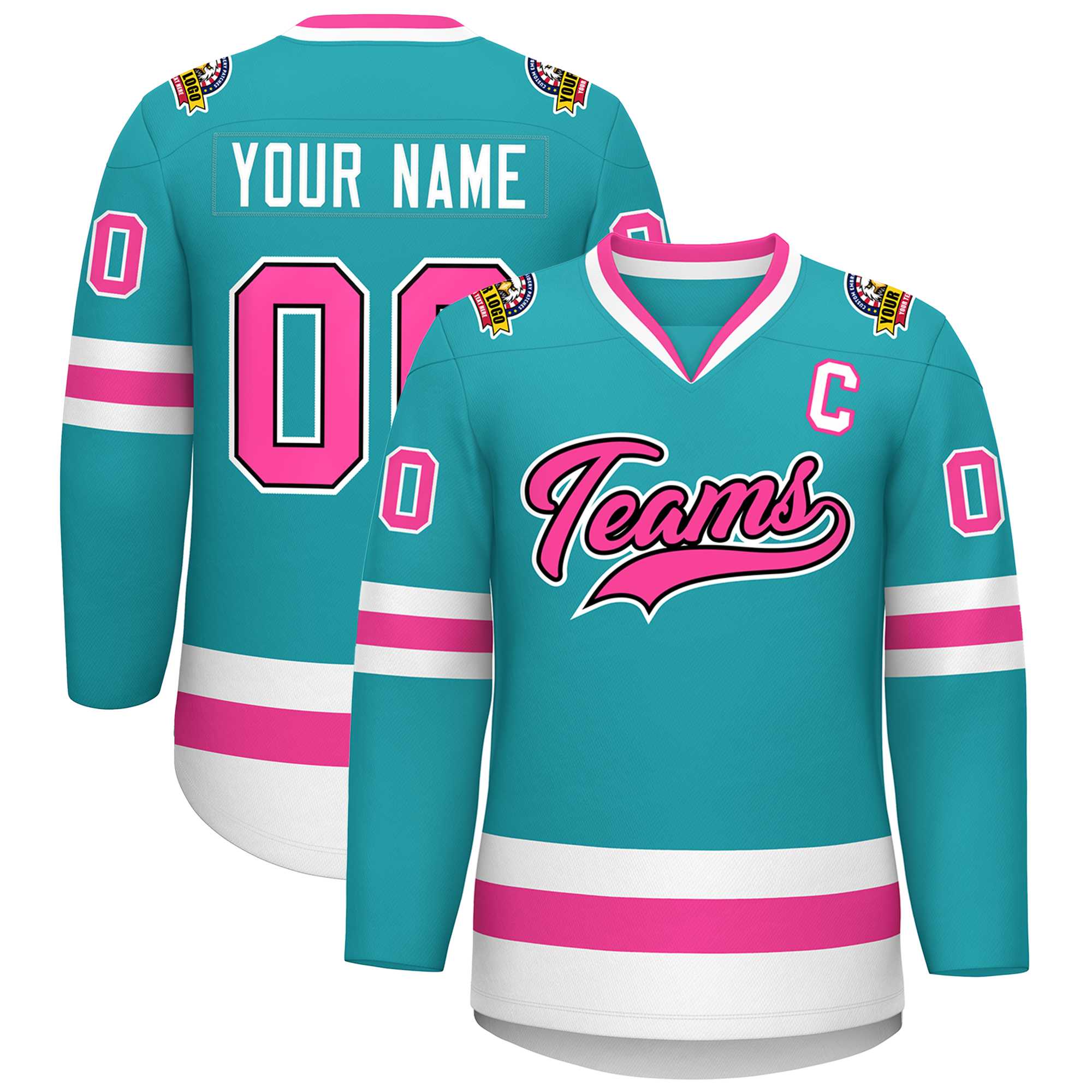 Custom Aqua Pink Navy-White Classic Style Hockey Jersey