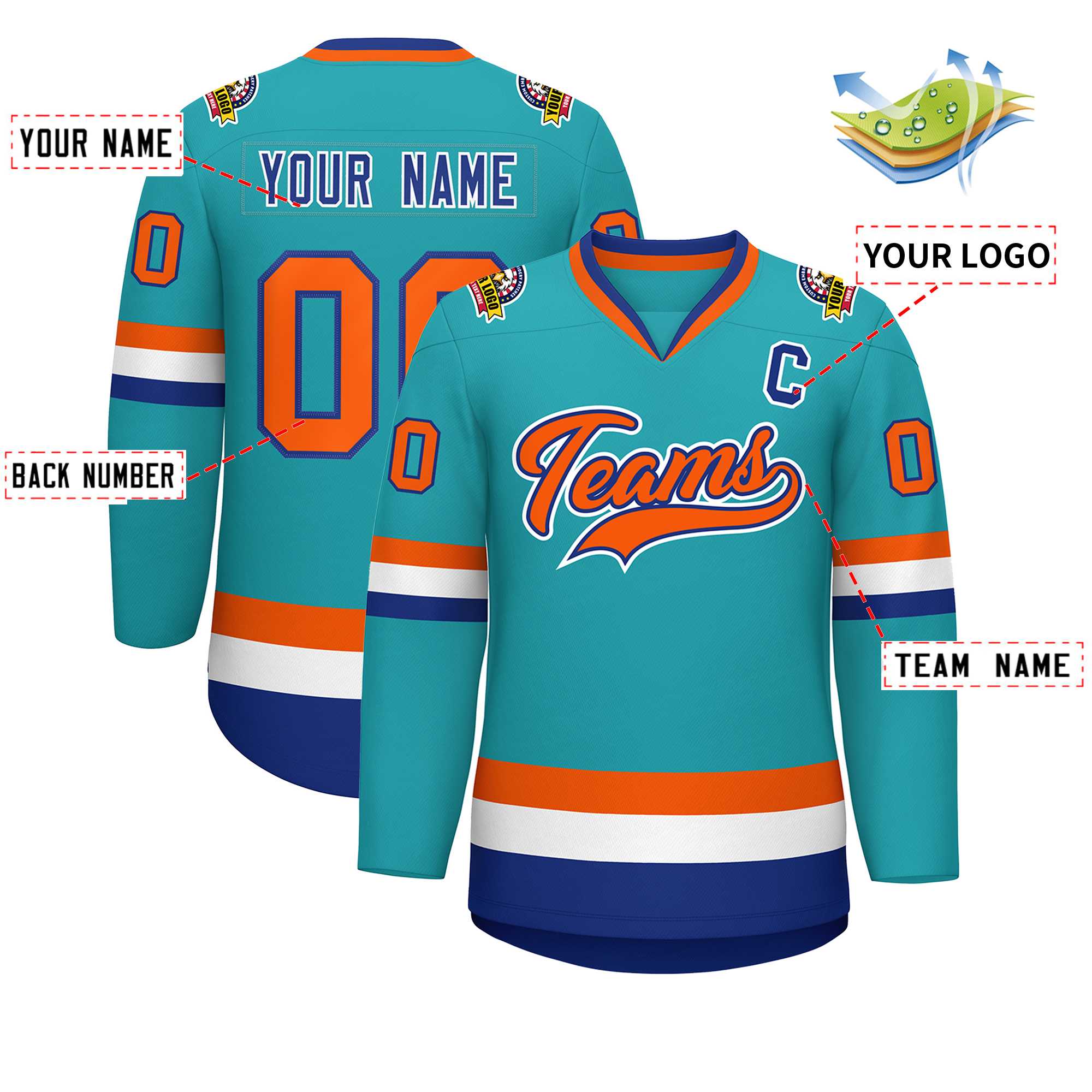 Custom Aqua Orange Royal-White Classic Style Hockey Jersey