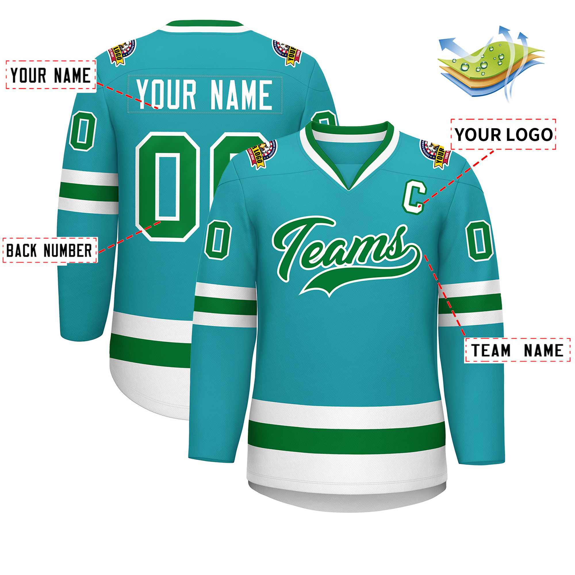 Maillot de hockey de style classique Aqua Kelly personnalisé vert-blanc