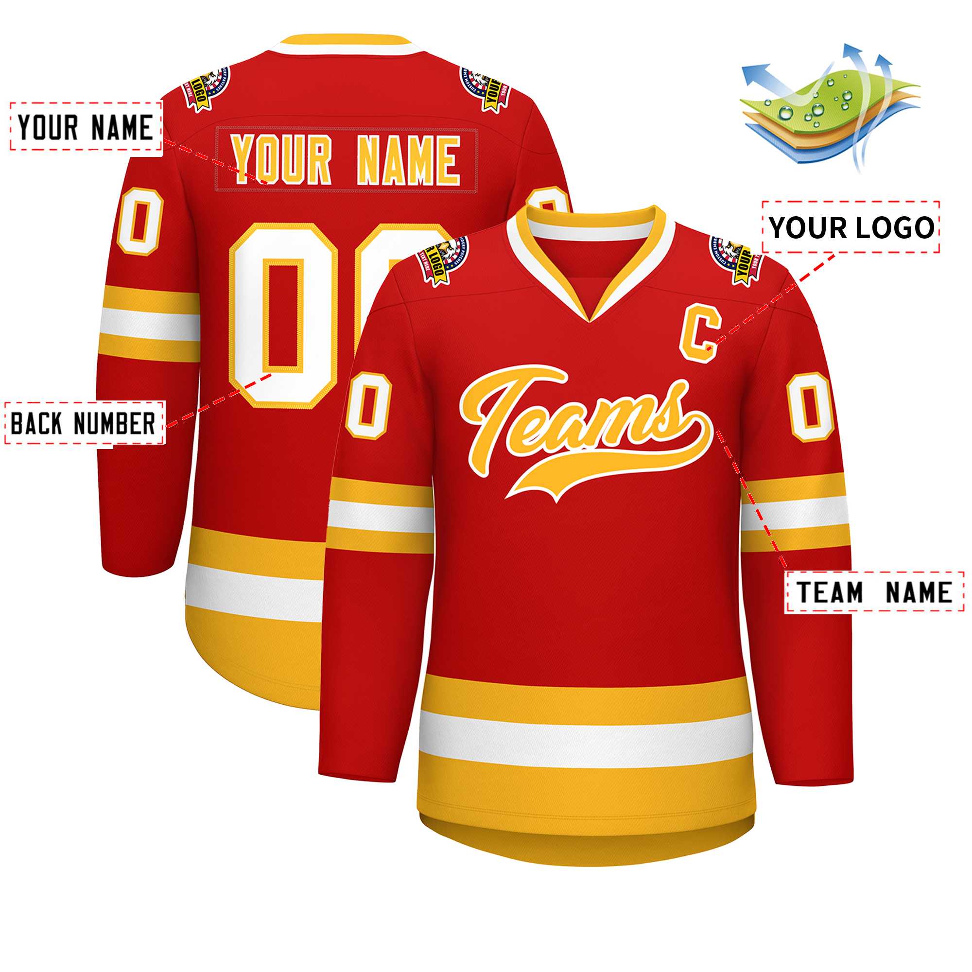 Custom Red Gold-White Classic Style Hockey Jersey