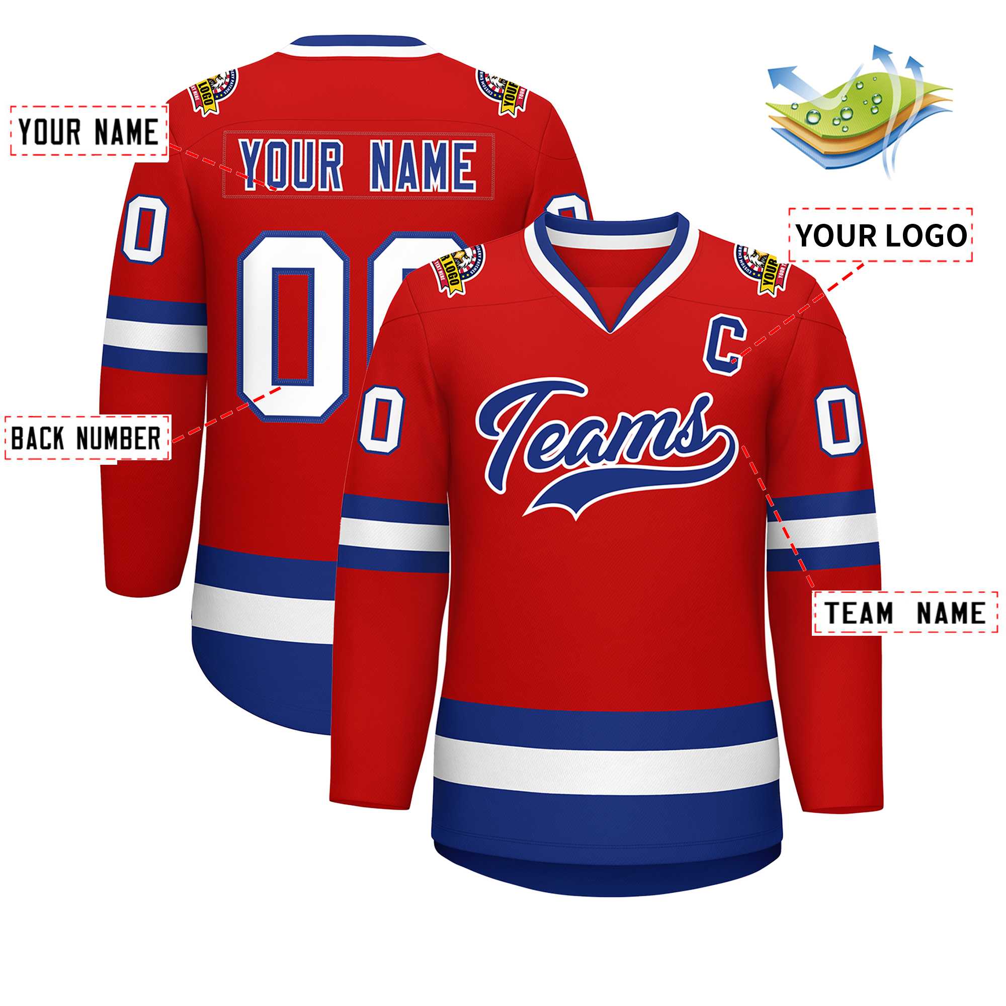 Maillot de hockey de style classique rouge royal-blanc personnalisé