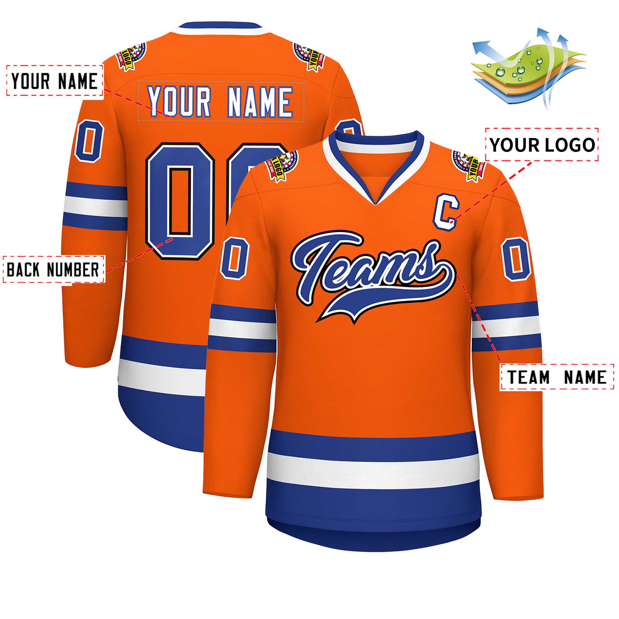 Custom Orange Royal White-Black Classic Style Hockey Jersey