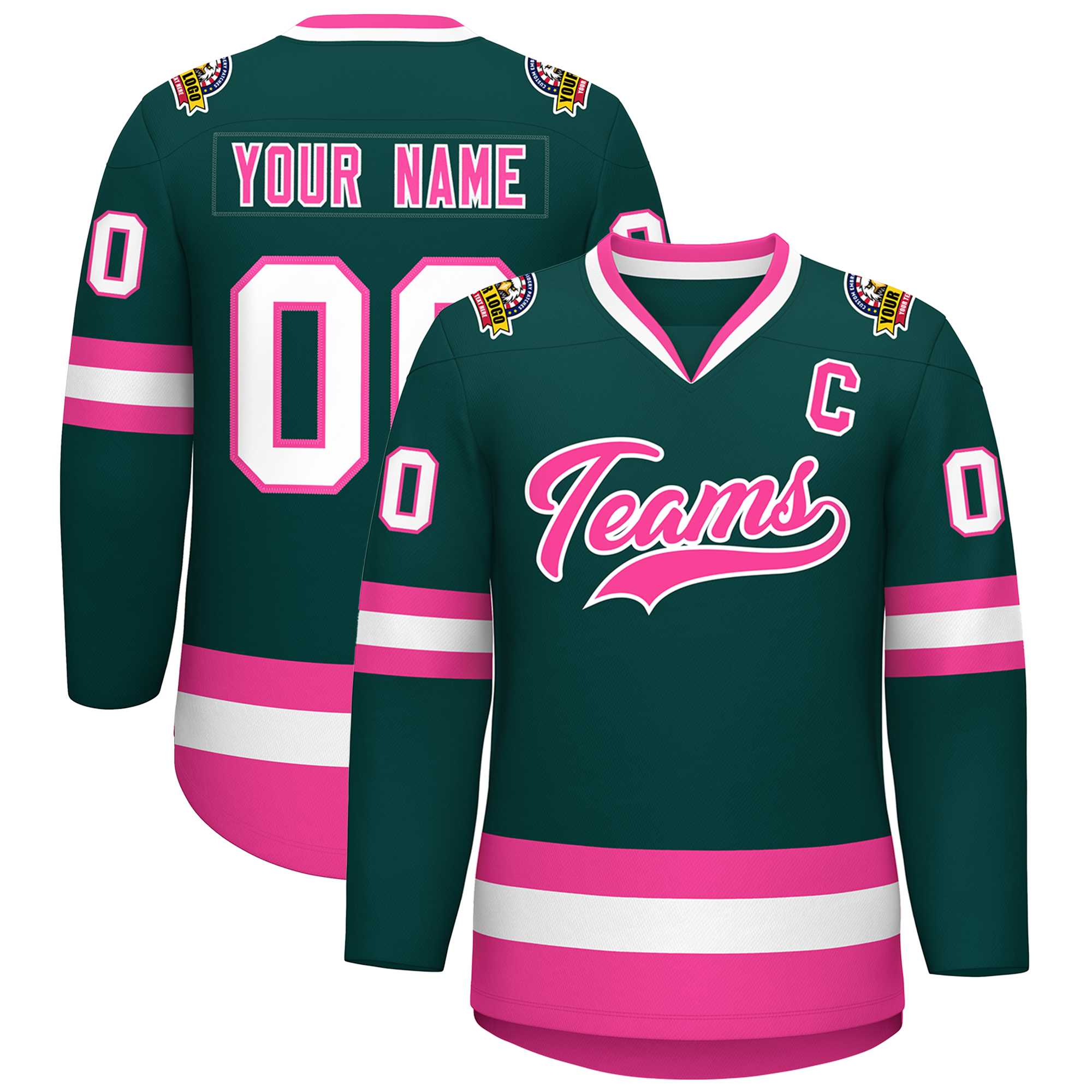 Maillot de hockey de style classique personnalisé vert minuit rose-blanc