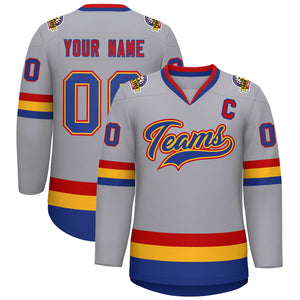 Custom Gray Royal Gold-Red Classic Style Hockey Jersey