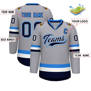 Maillot de hockey personnalisé gris marine blanc-bleu poudre, style classique