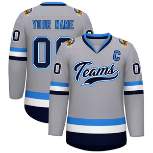 Maillot de hockey personnalisé gris marine blanc-bleu poudre, style classique