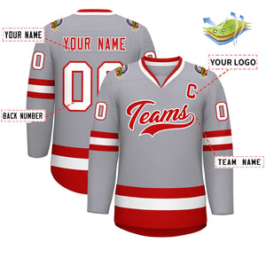 Custom Gray Red-White Classic Style Hockey Jersey