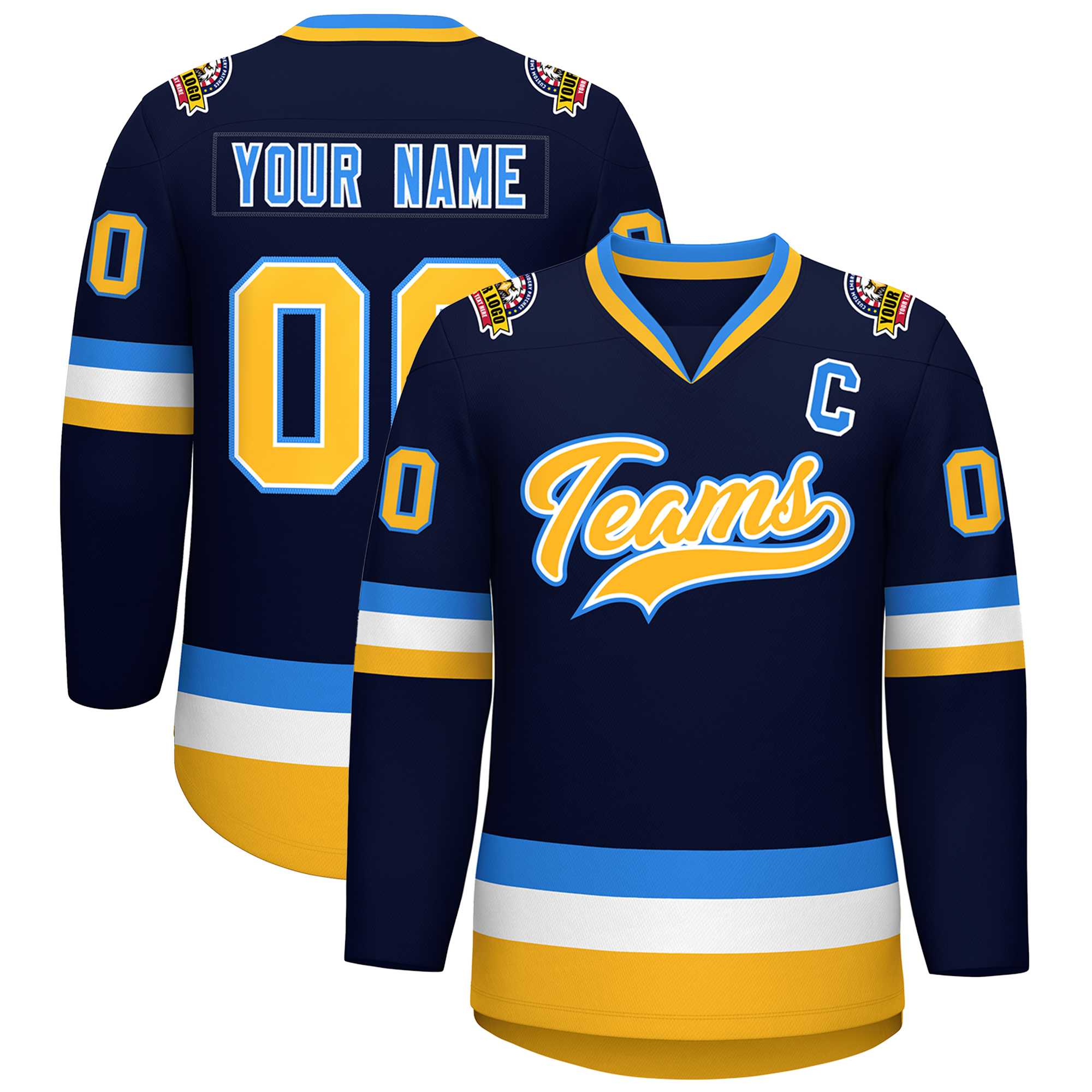 Custom Navy Gold White-Powder Blue Classic Style Hockey Jersey