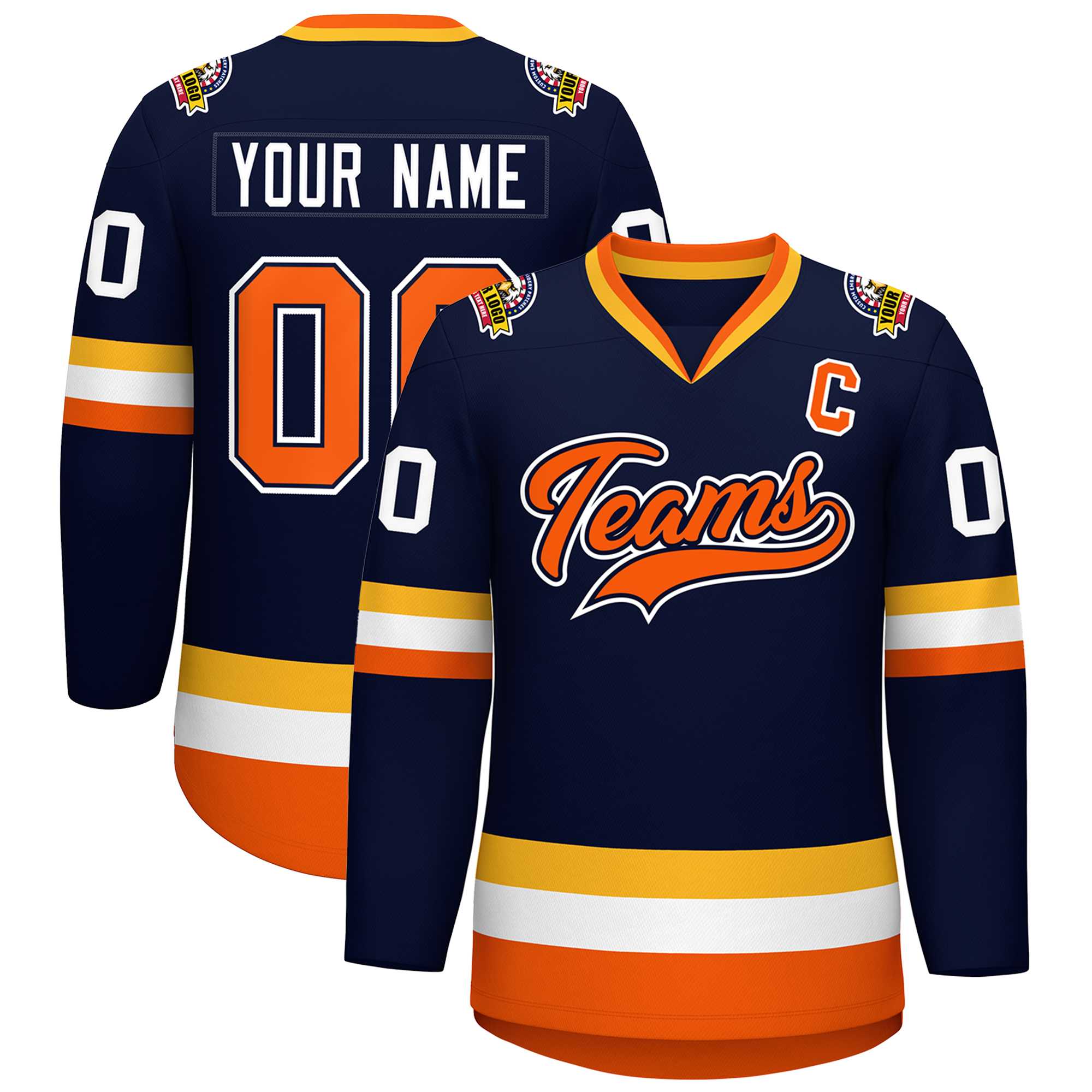 Custom Navy Orange Navy-White Classic Style Hockey Jersey