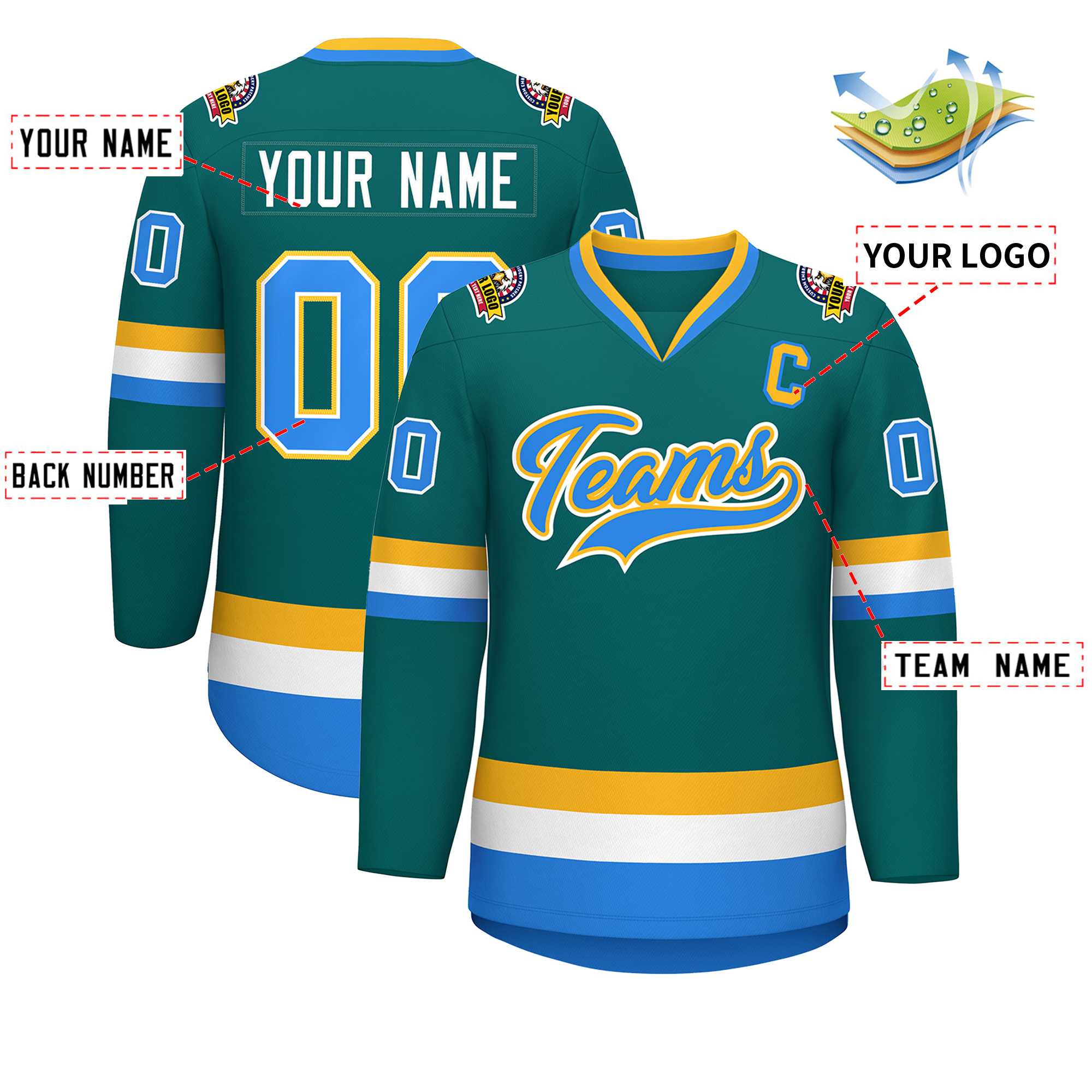 Custom Teal Powder Blue White-Gold Classic Style Hockey Jersey