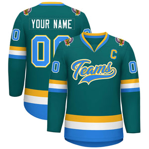 Custom Teal Powder Blue White-Gold Classic Style Hockey Jersey