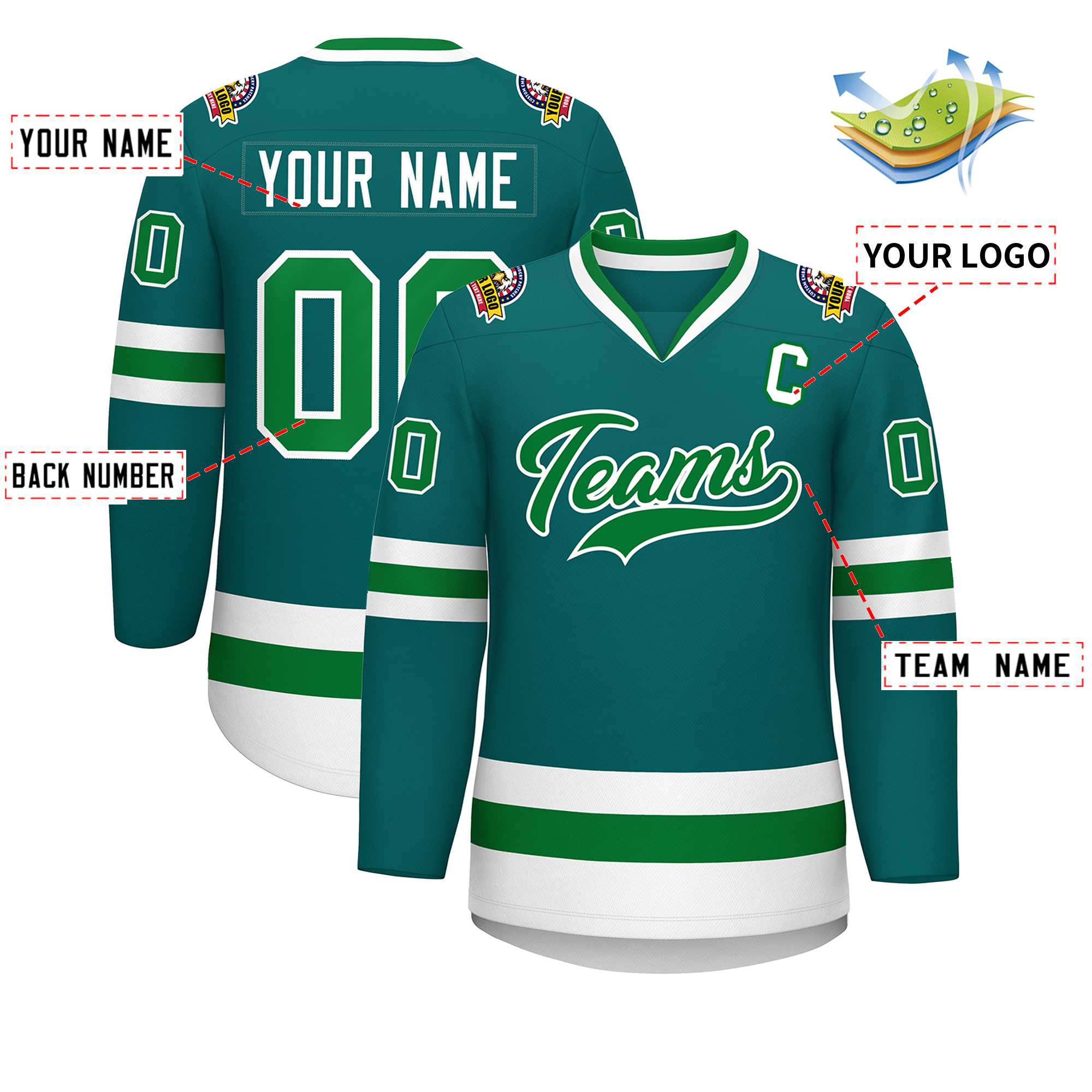 Custom Teal Kelly Green-White Classic Style Hockey Jersey