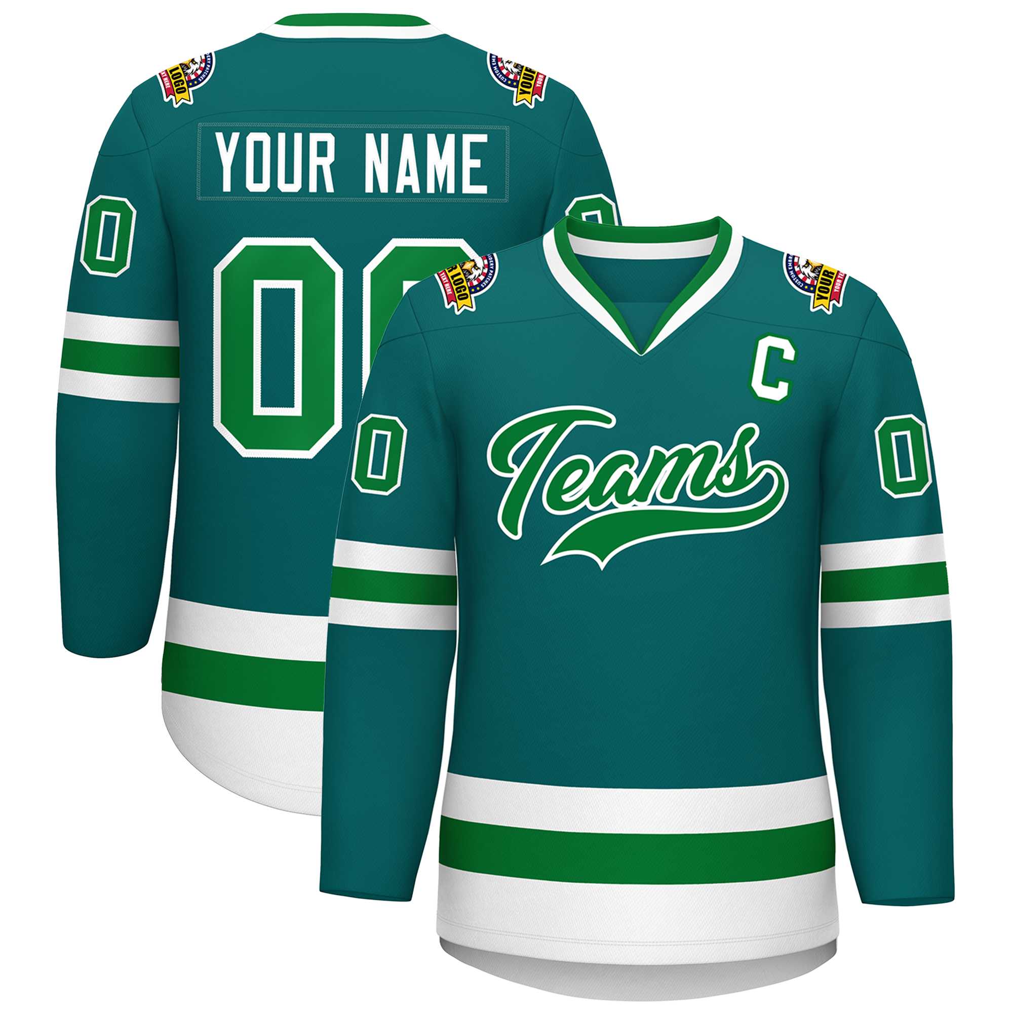 Custom Teal Kelly Green-White Classic Style Hockey Jersey