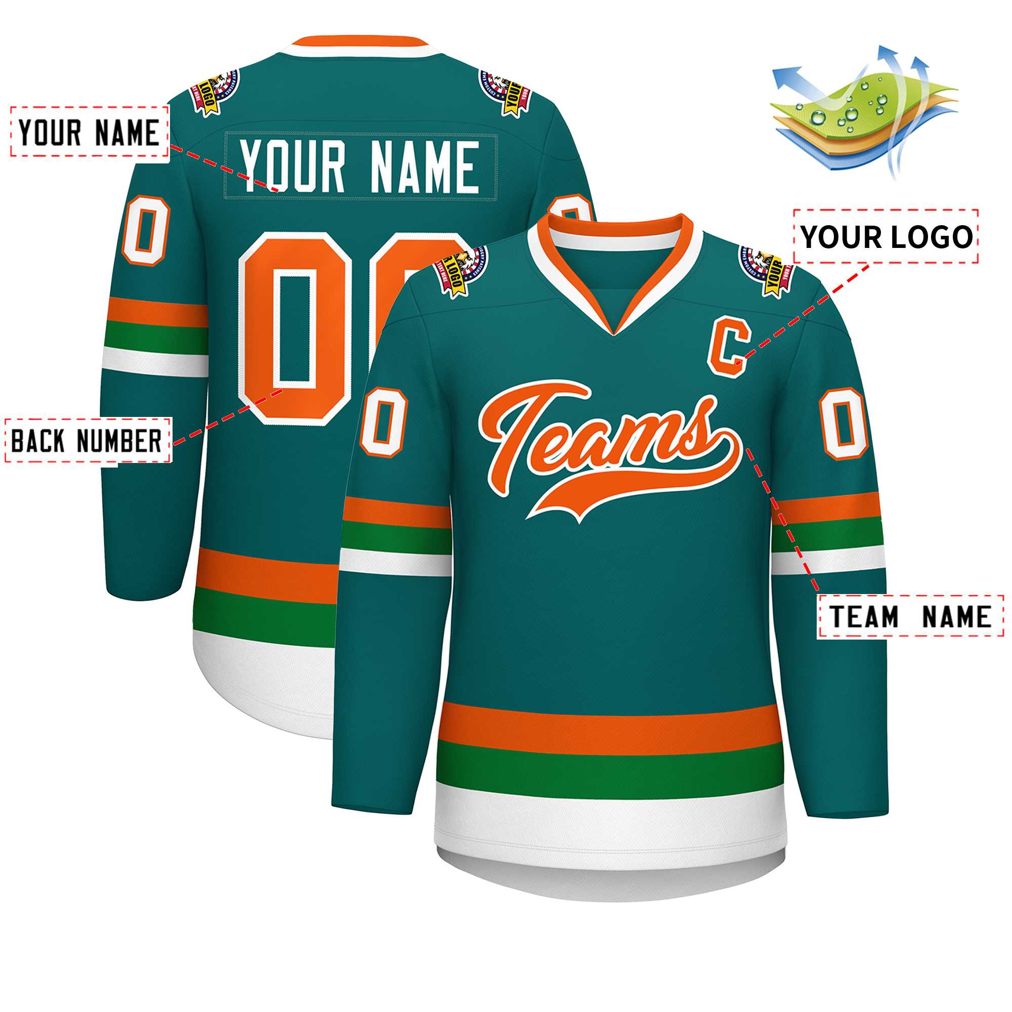 Custom Teal Orange-White Classic Style Hockey Jersey