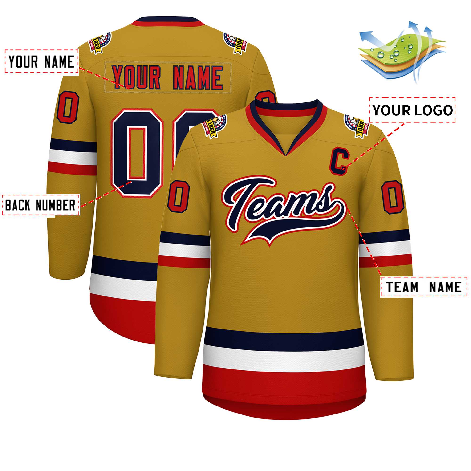 Maillot de hockey personnalisé de style classique blanc-rouge Old Gold Navy