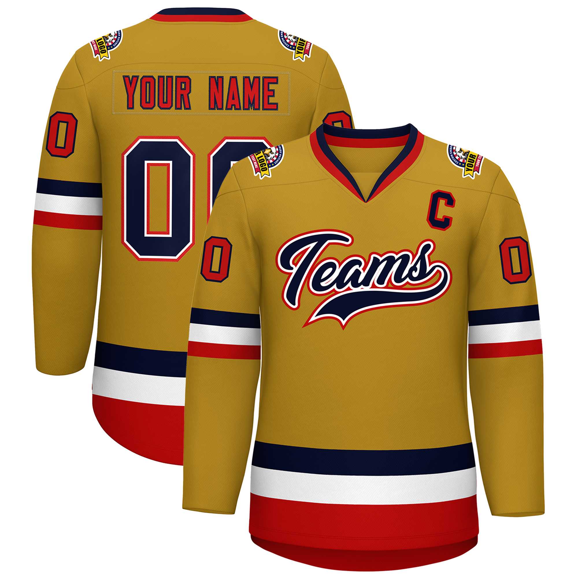 Custom Old Gold Navy White-Red Classic Style Hockey Jersey