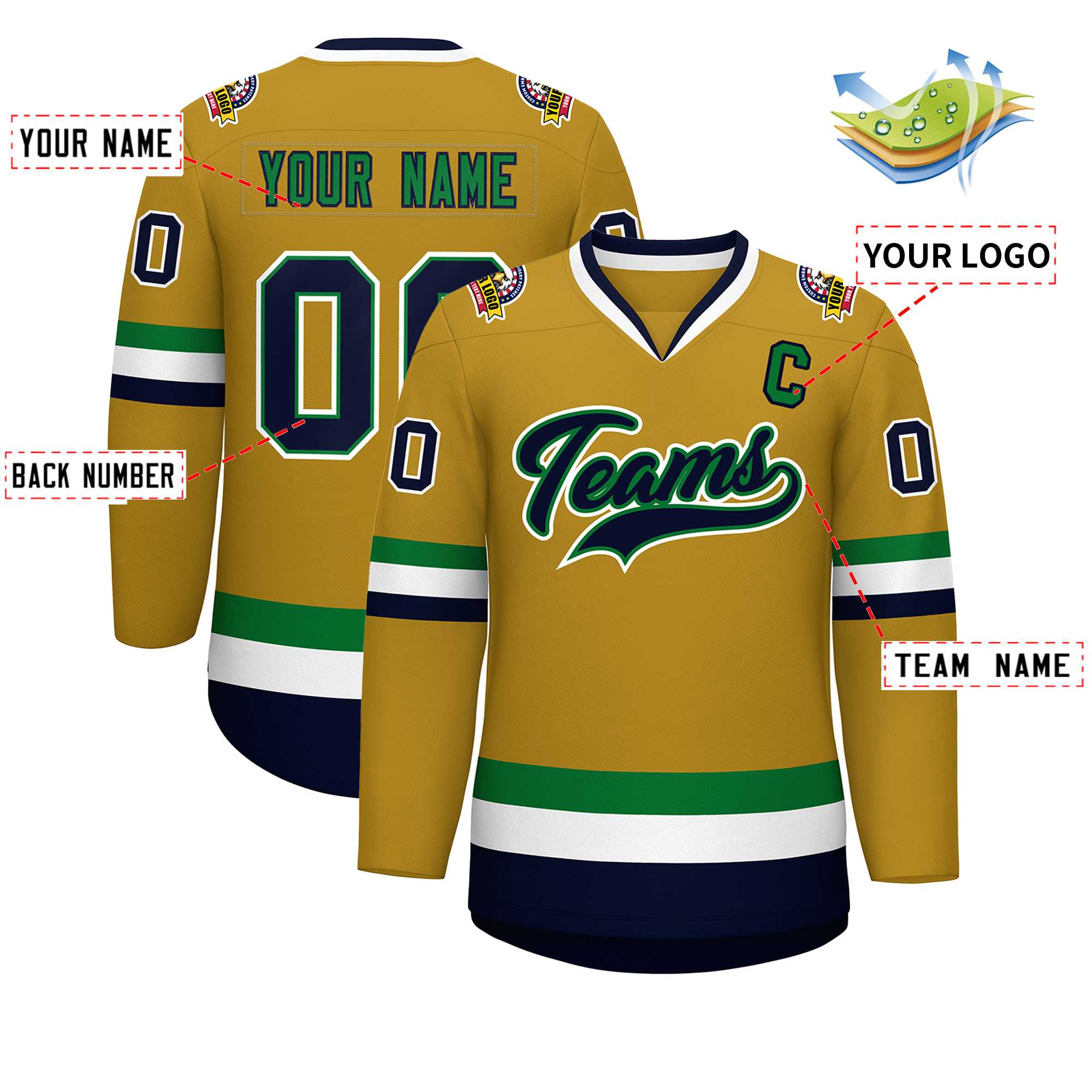 Maillot de hockey personnalisé Old Gold Navy Kelly vert-blanc, Style classique