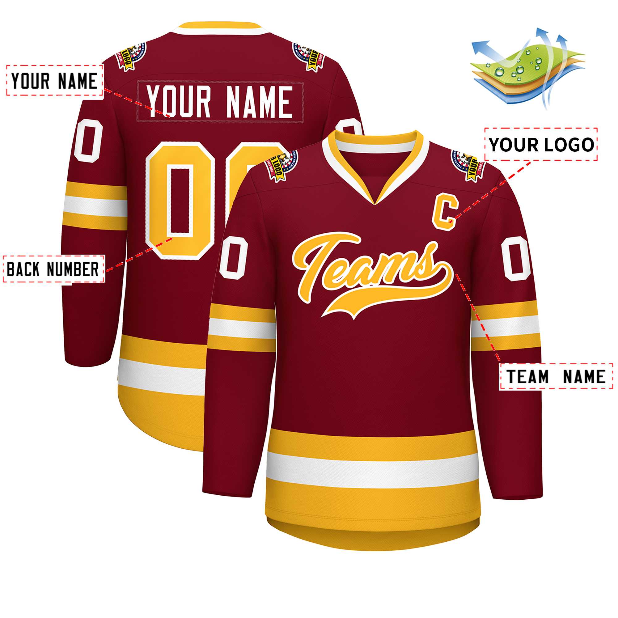 Custom Crimson Gold-White Classic Style Hockey Jersey