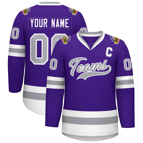 Custom Purple Gray-White Classic Style Hockey Jersey