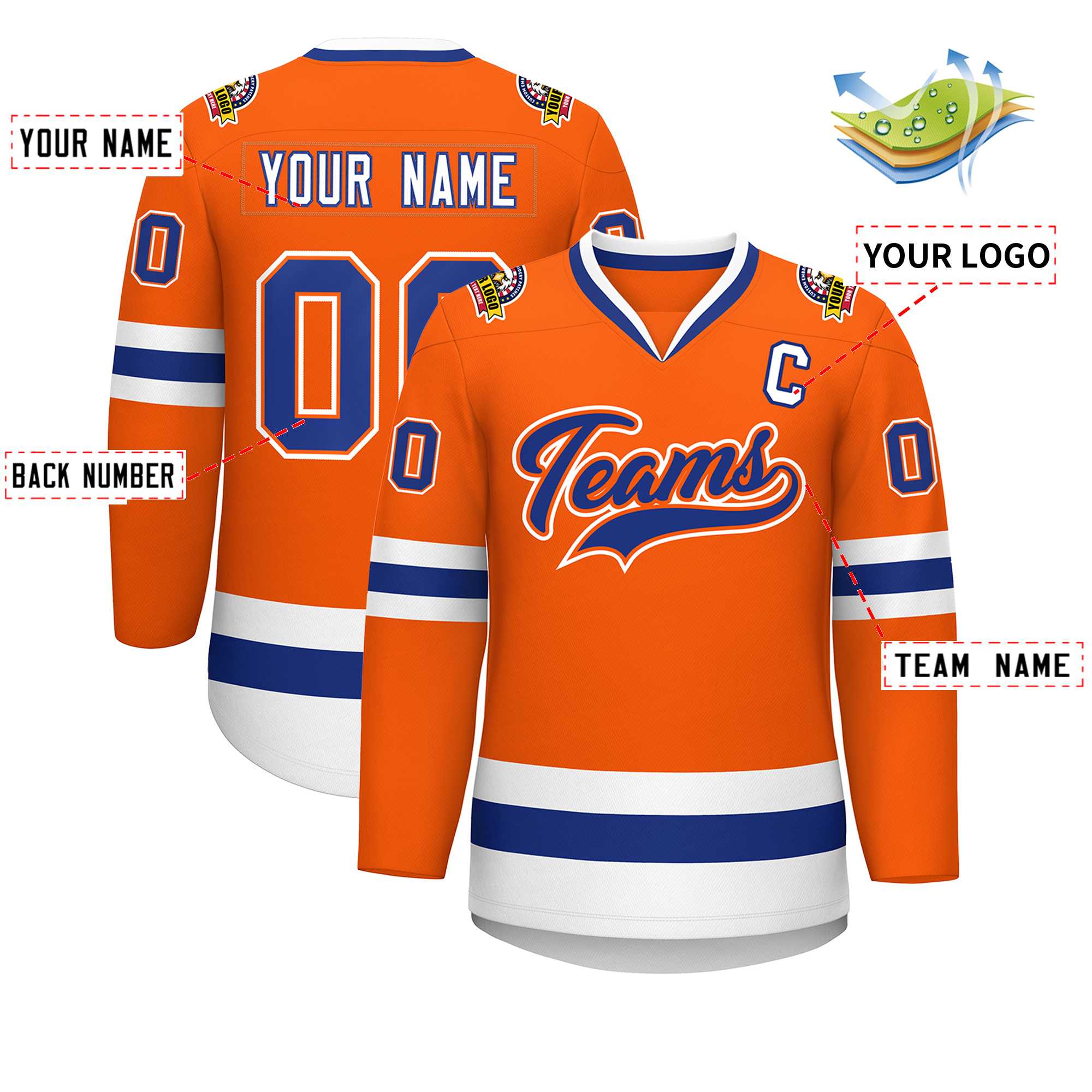 Maillot de hockey de style classique orange royal orange-blanc personnalisé