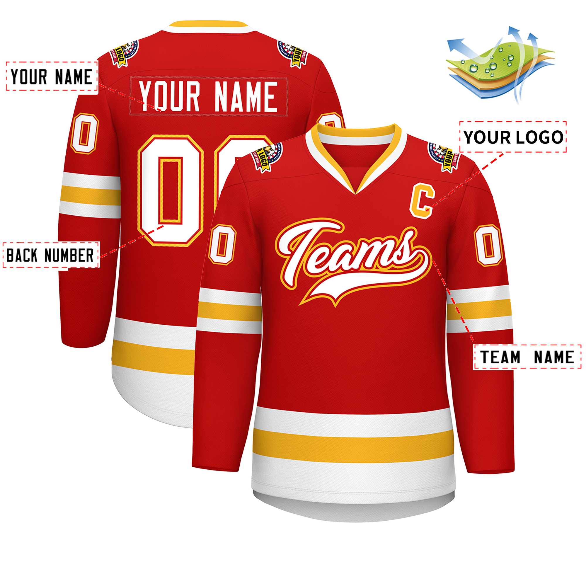 Custom Red White Red-Gold Classic Style Hockey Jersey