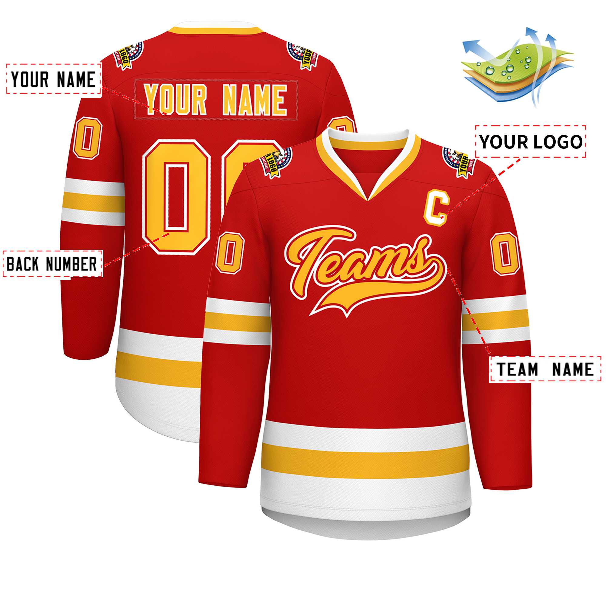 Custom Red Gold Red-White Classic Style Hockey Jersey