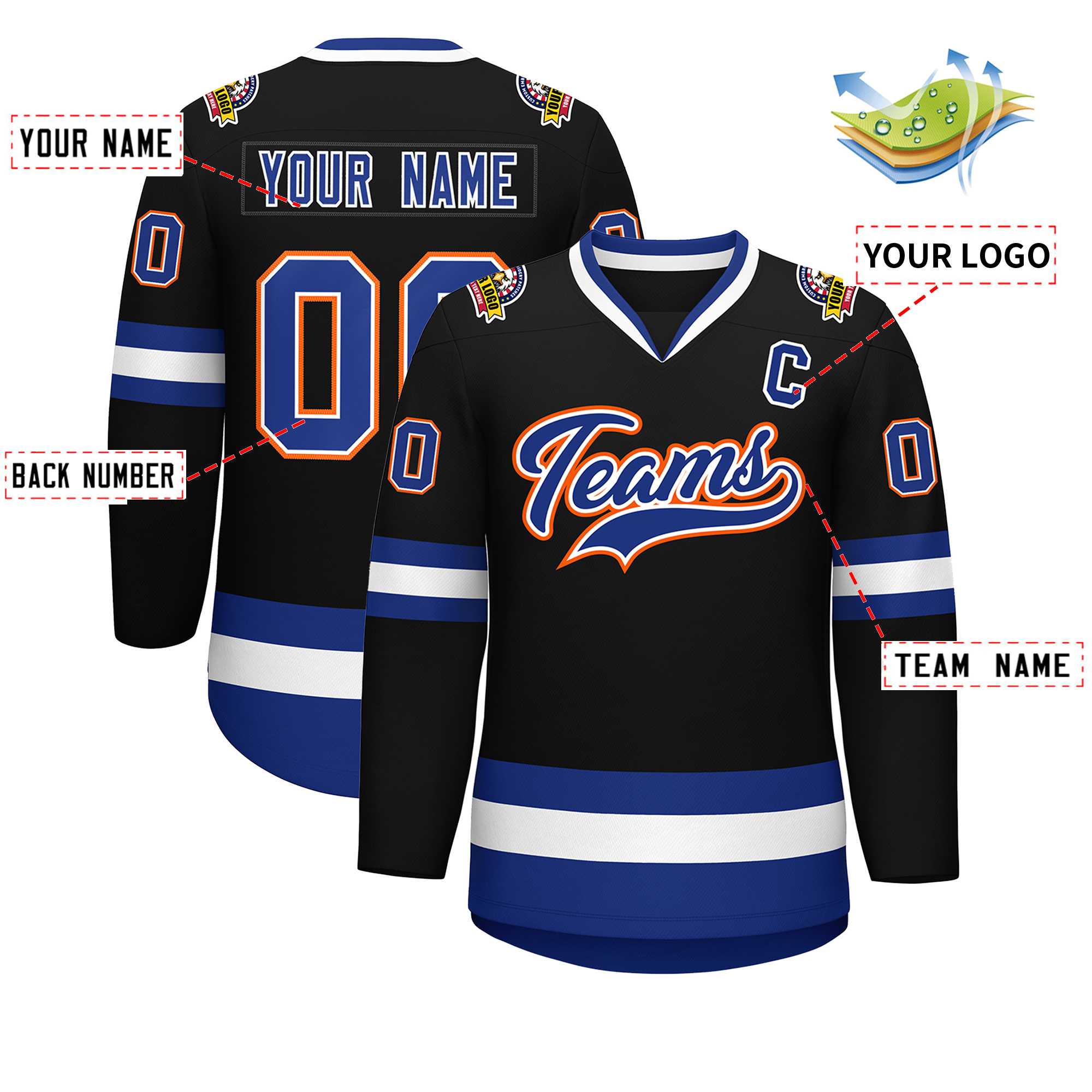 Custom Black Royal White-Orange Classic Style Hockey Jersey