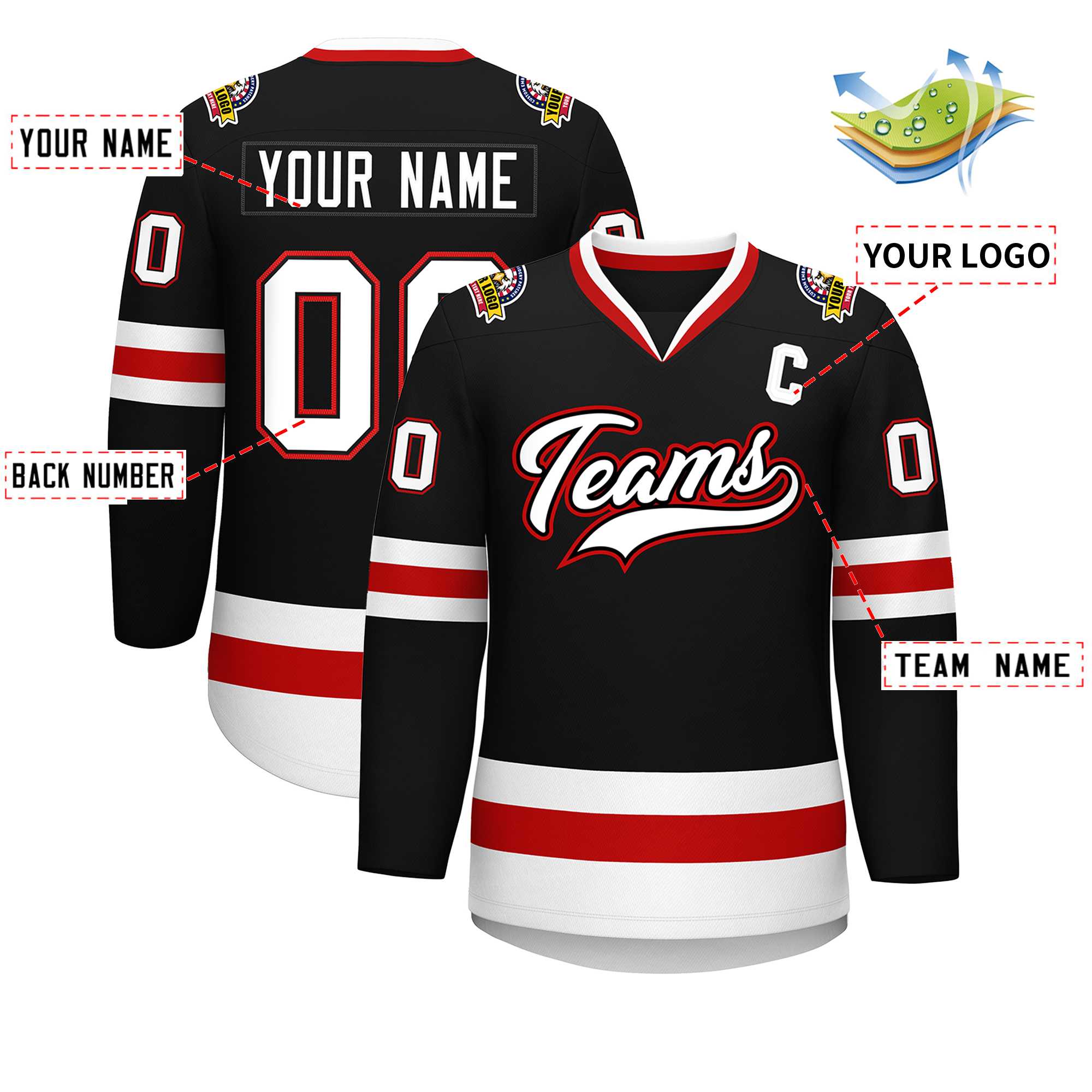 Custom Black White Black-Red Classic Style Hockey Jersey