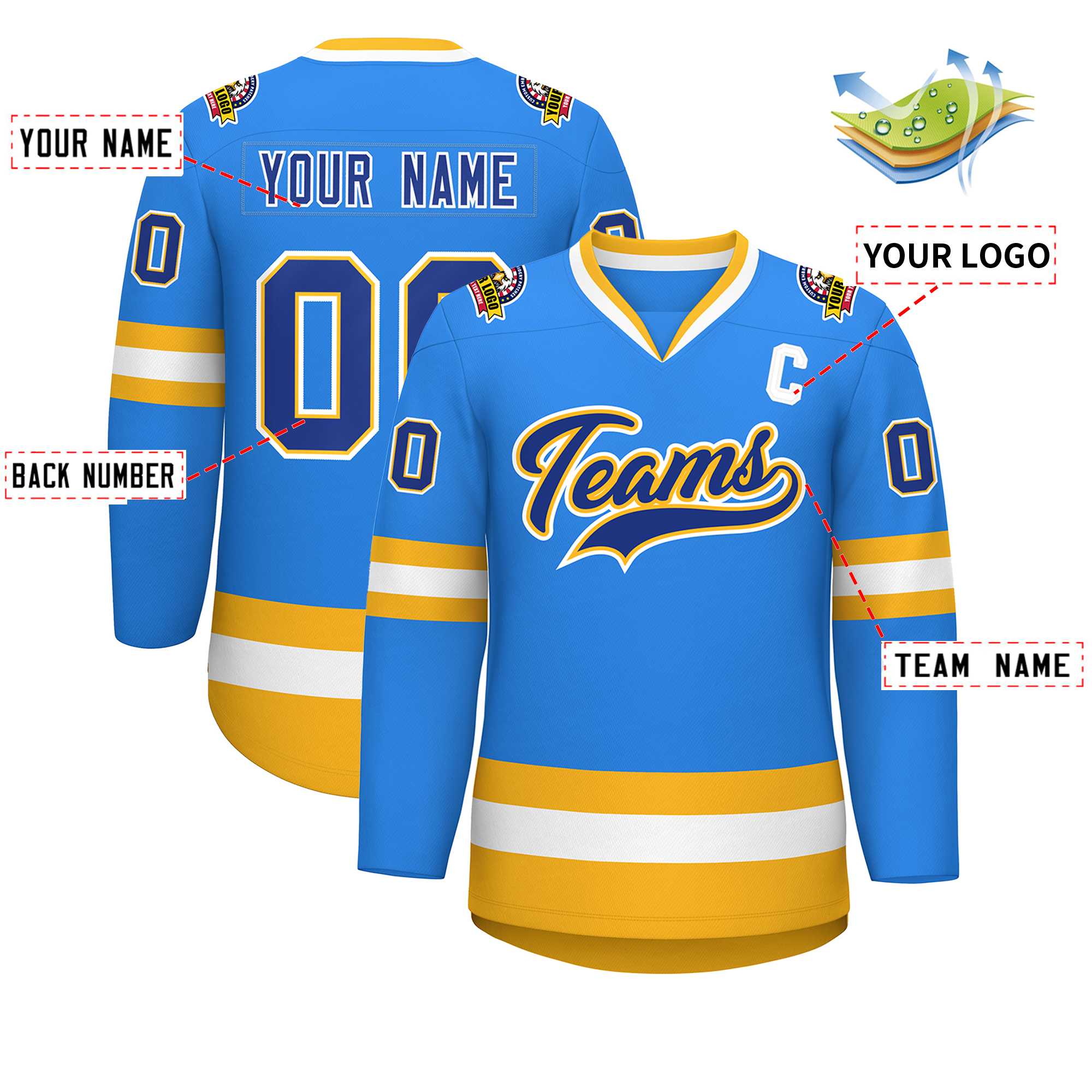 Custom Powder Blue Royal Gold-White Classic Style Hockey Jersey