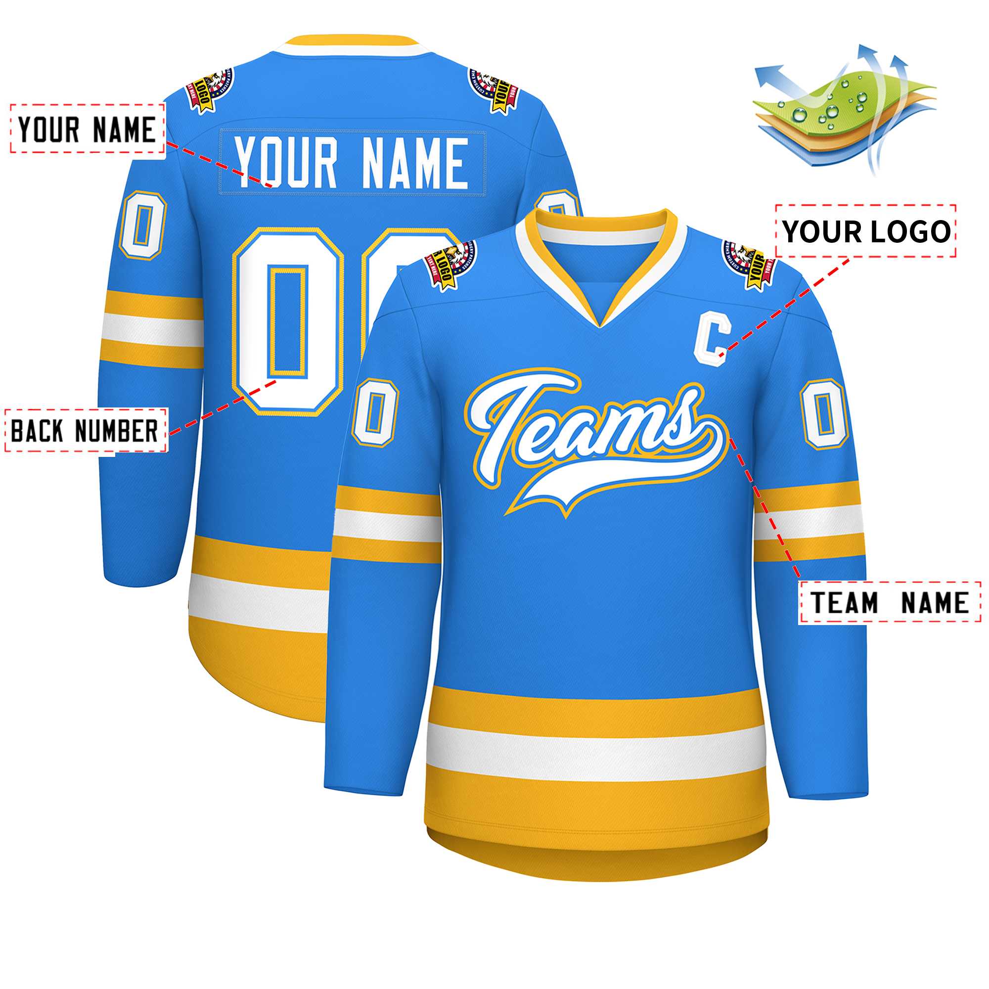 Custom Powder Blue White Powder Blue-Gold Classic Style Hockey Jersey