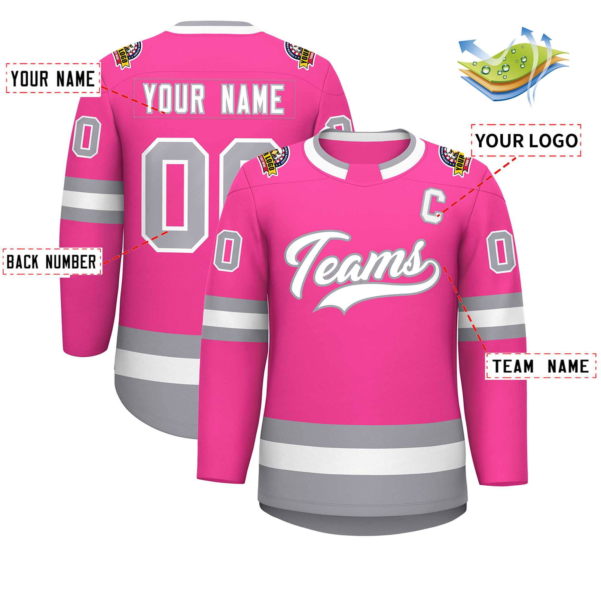 Maillot de hockey de style classique rose blanc-gris personnalisé