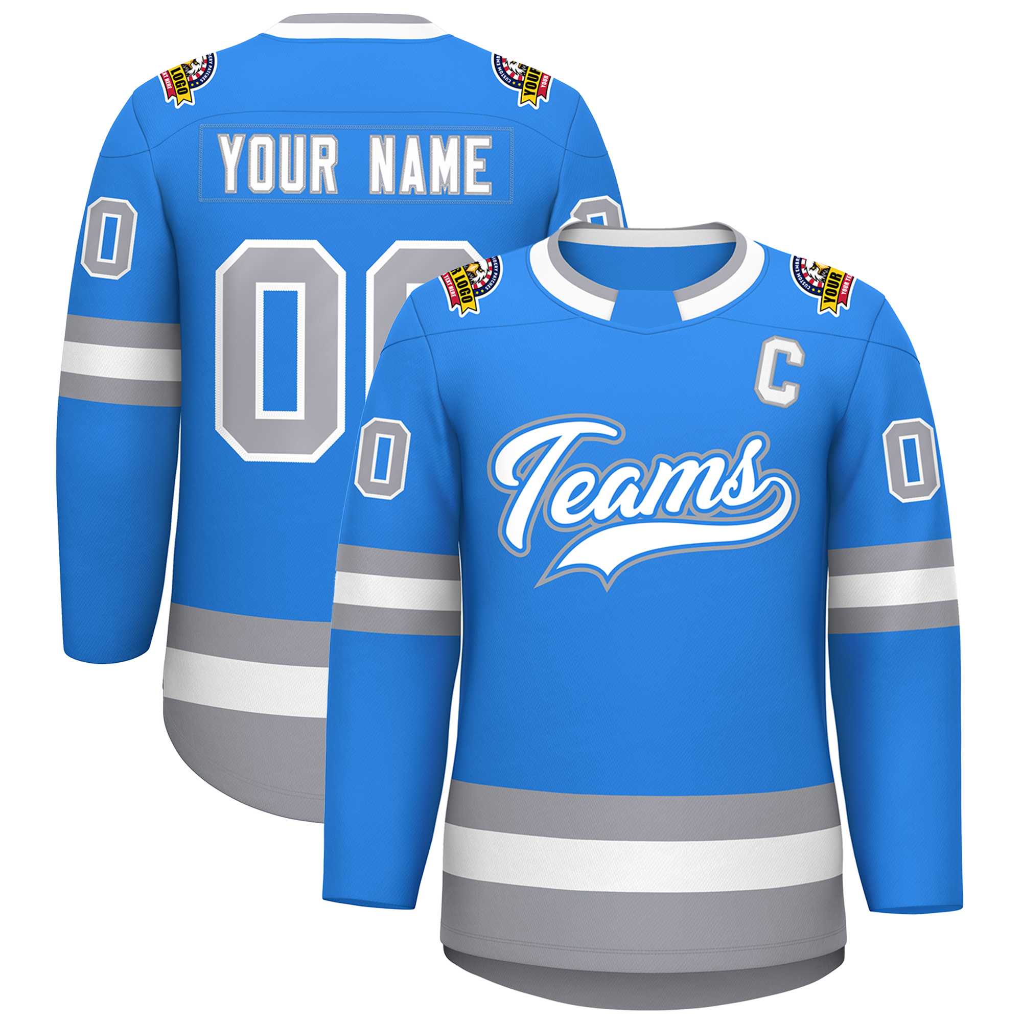 Custom Powder Blue White Powder Blue-Gray Classic Style Hockey Jersey